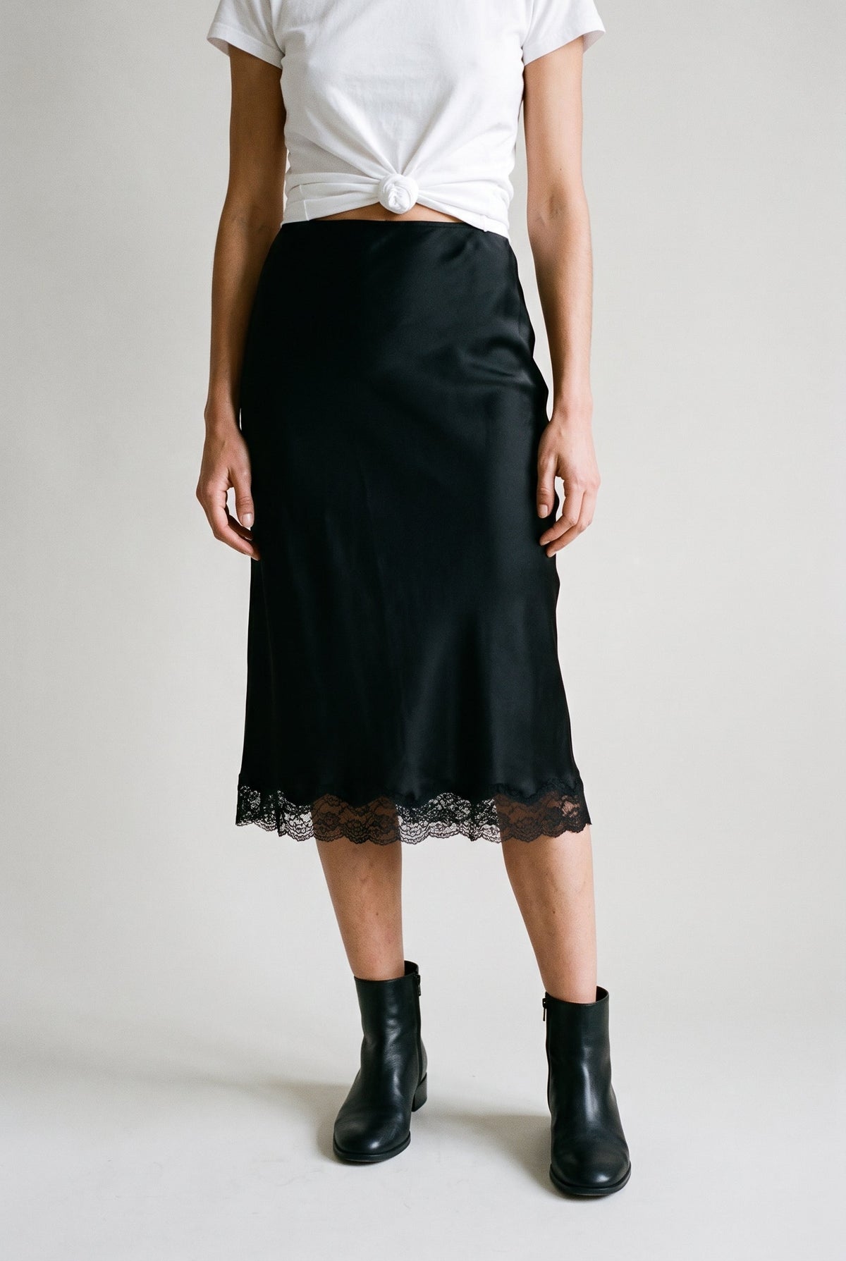 Satin Lace Trim Midi Skirt COCA