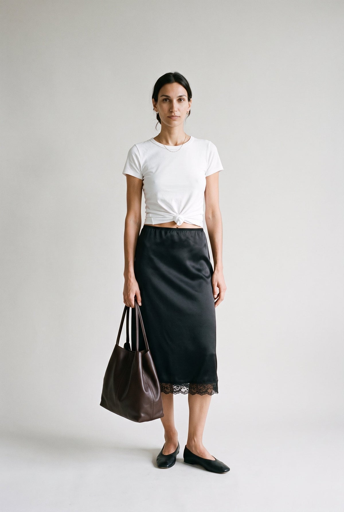 Satin Lace Trim Midi Skirt COCA