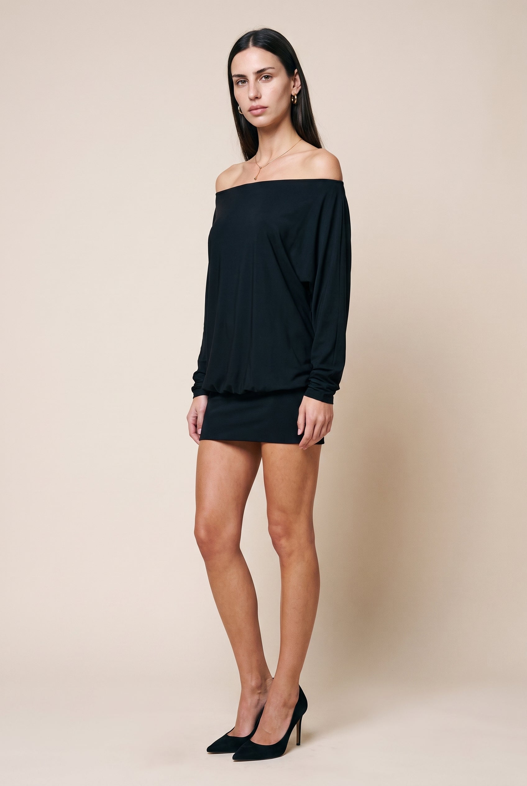 Boat Neck Loose Fit Top Long Sleeve Mini Dress