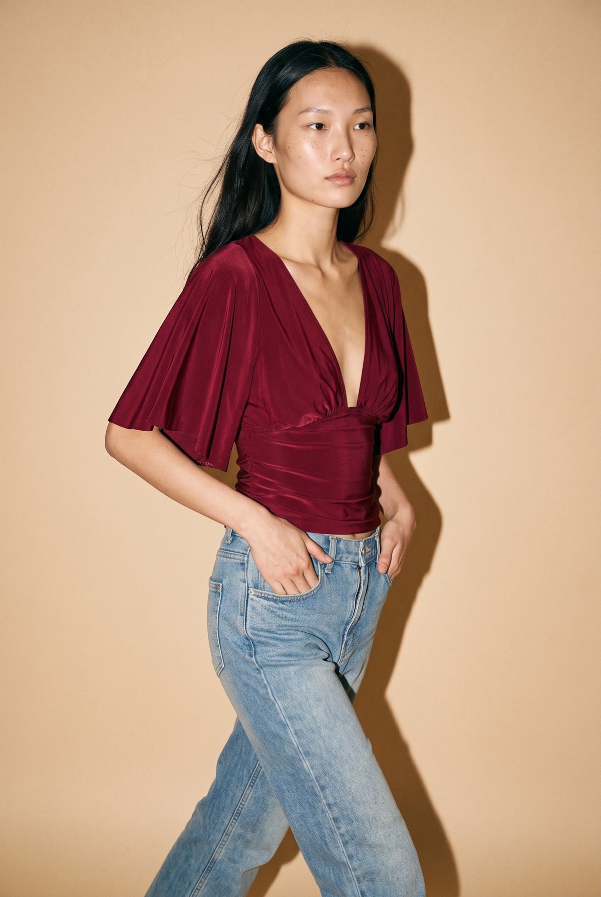 Plunging Bell Short Sleeve Fitted Top Blue Blush