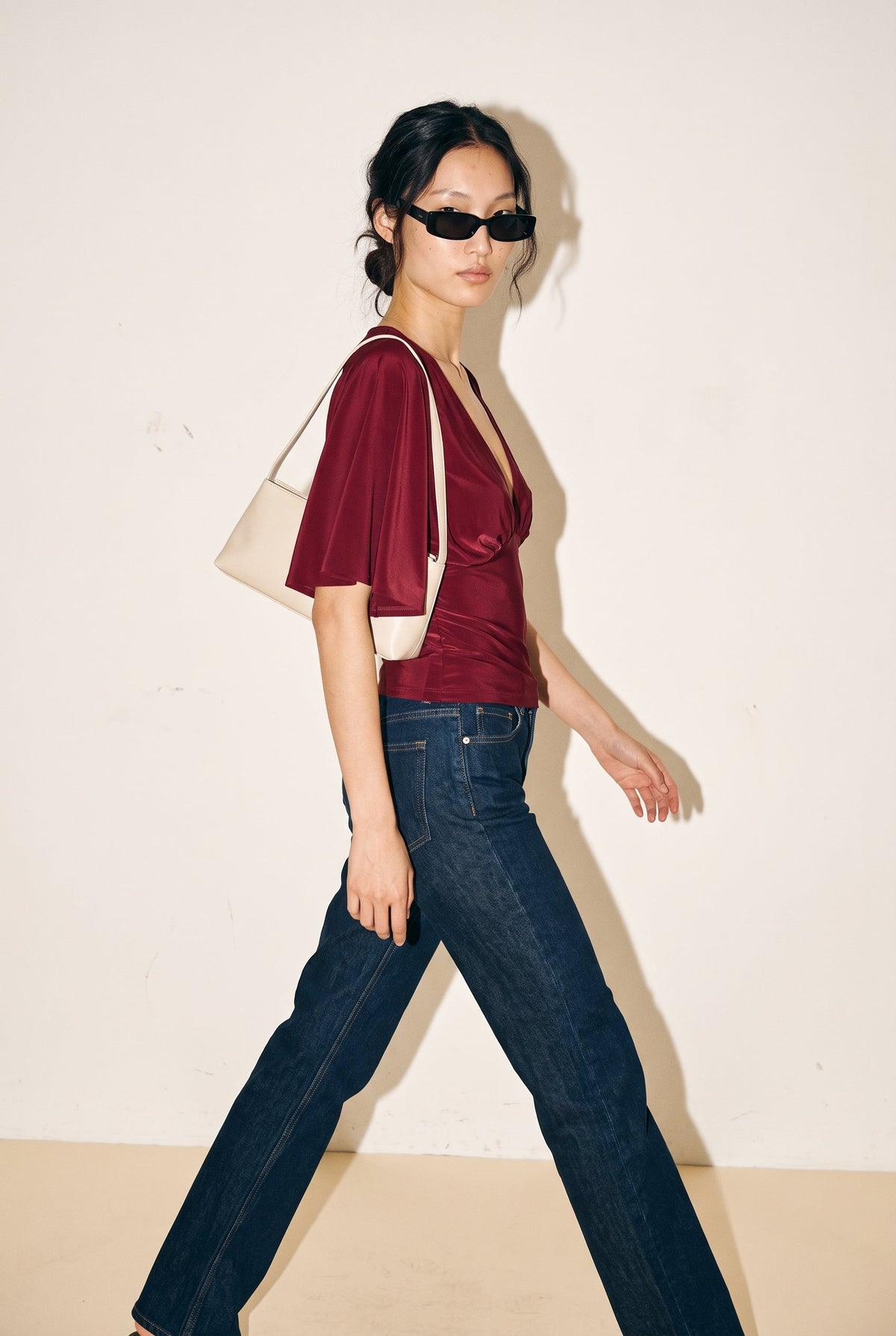 Plunging Bell Short Sleeve Fitted Top Blue Blush