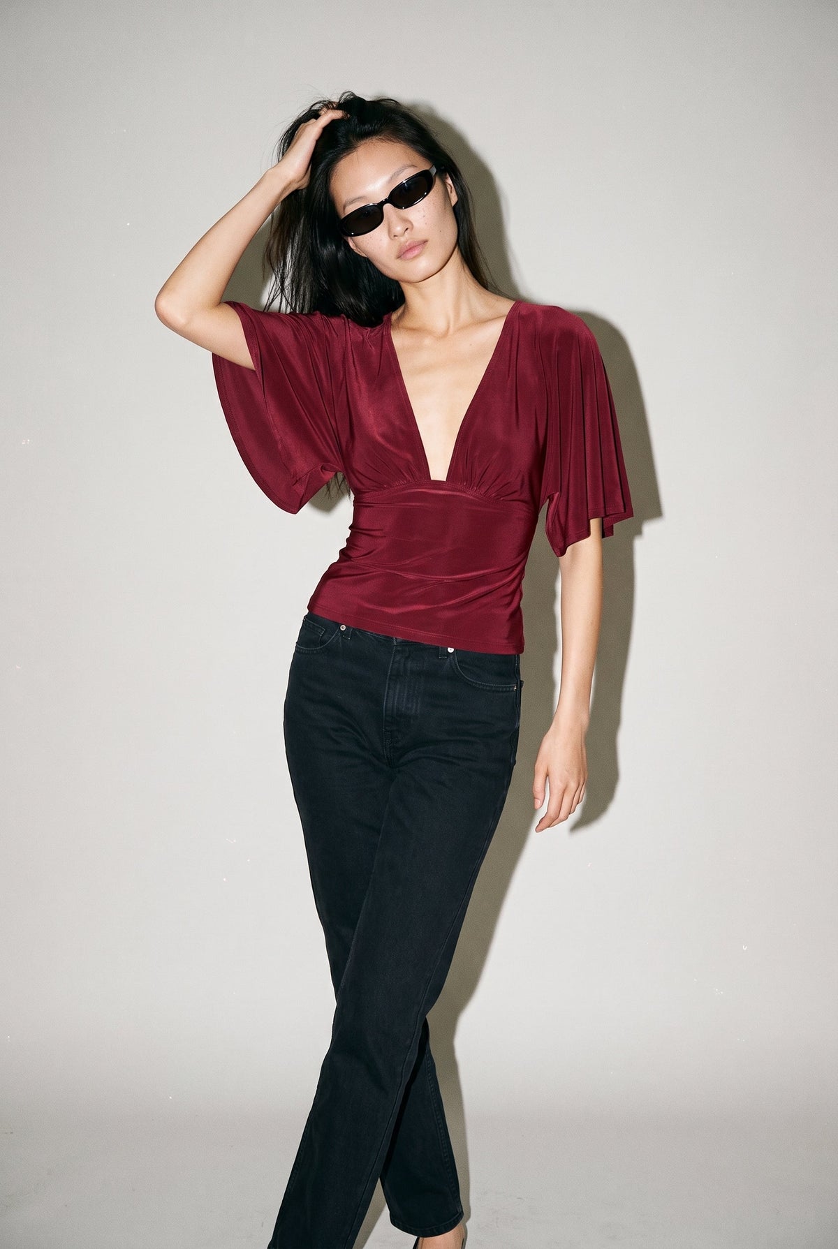 Plunging Bell Short Sleeve Fitted Top Blue Blush