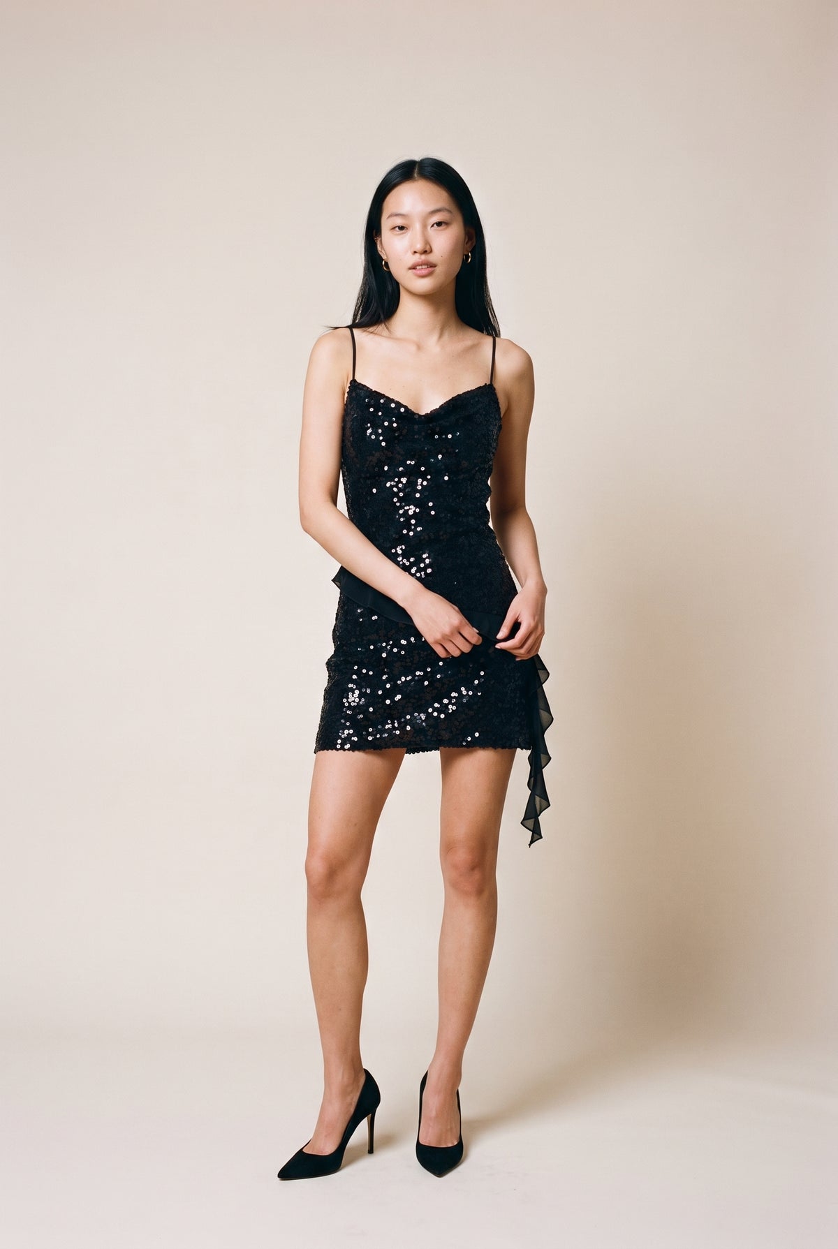 Cowl Neck Sequin Mini Dress With Ruffled Detail