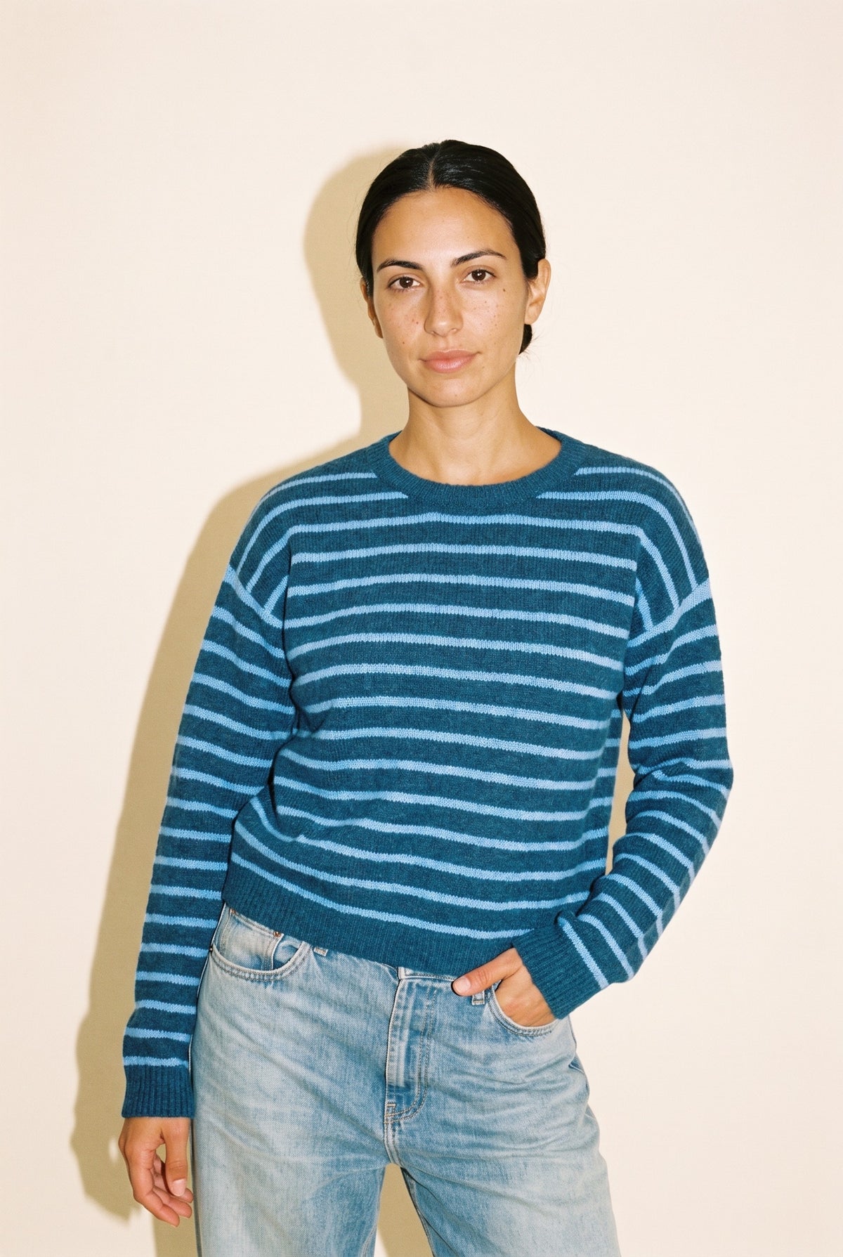 Sweater Top in blue stripe — knit detail