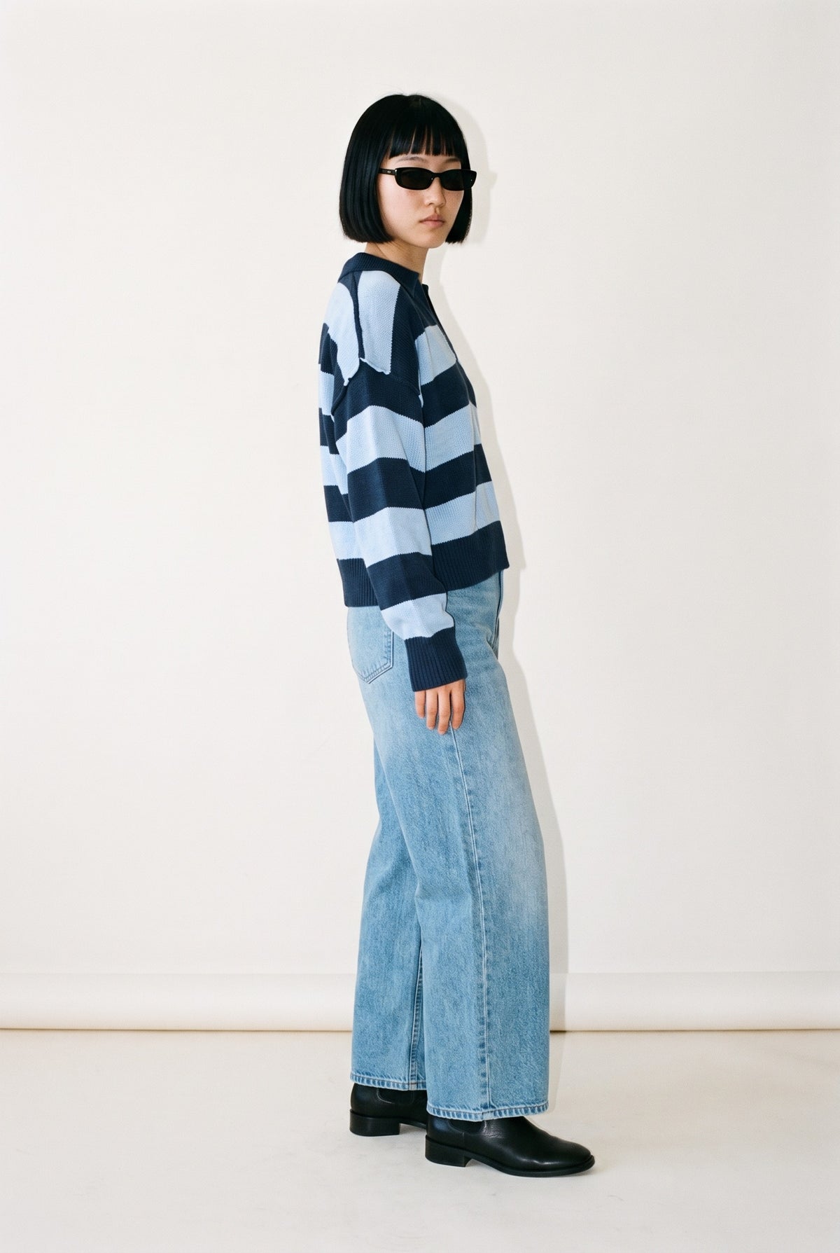 Sweater Top in navy stripe — side profile