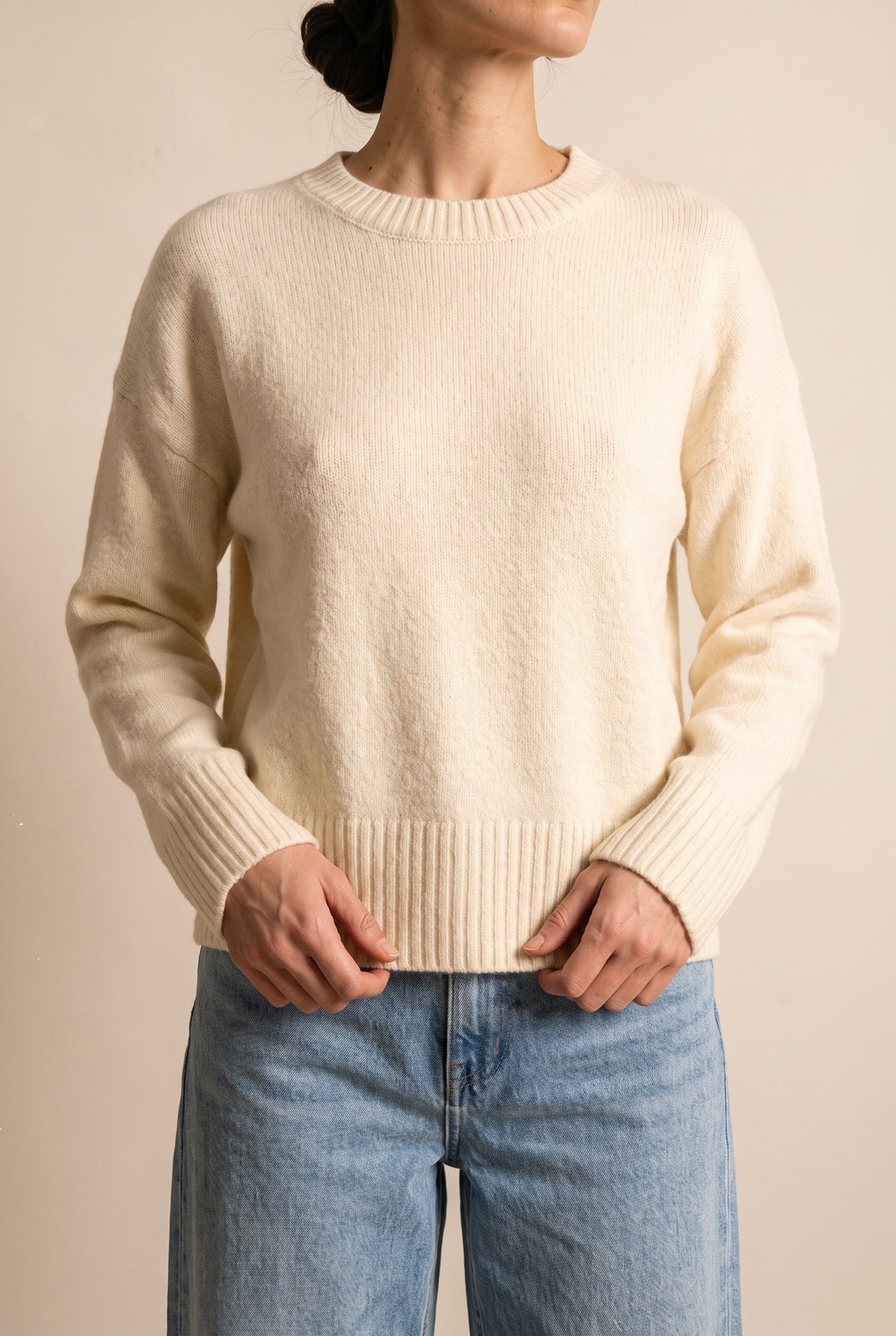 Relaxed Fit Crew Neck Sweater in cream — knit detail