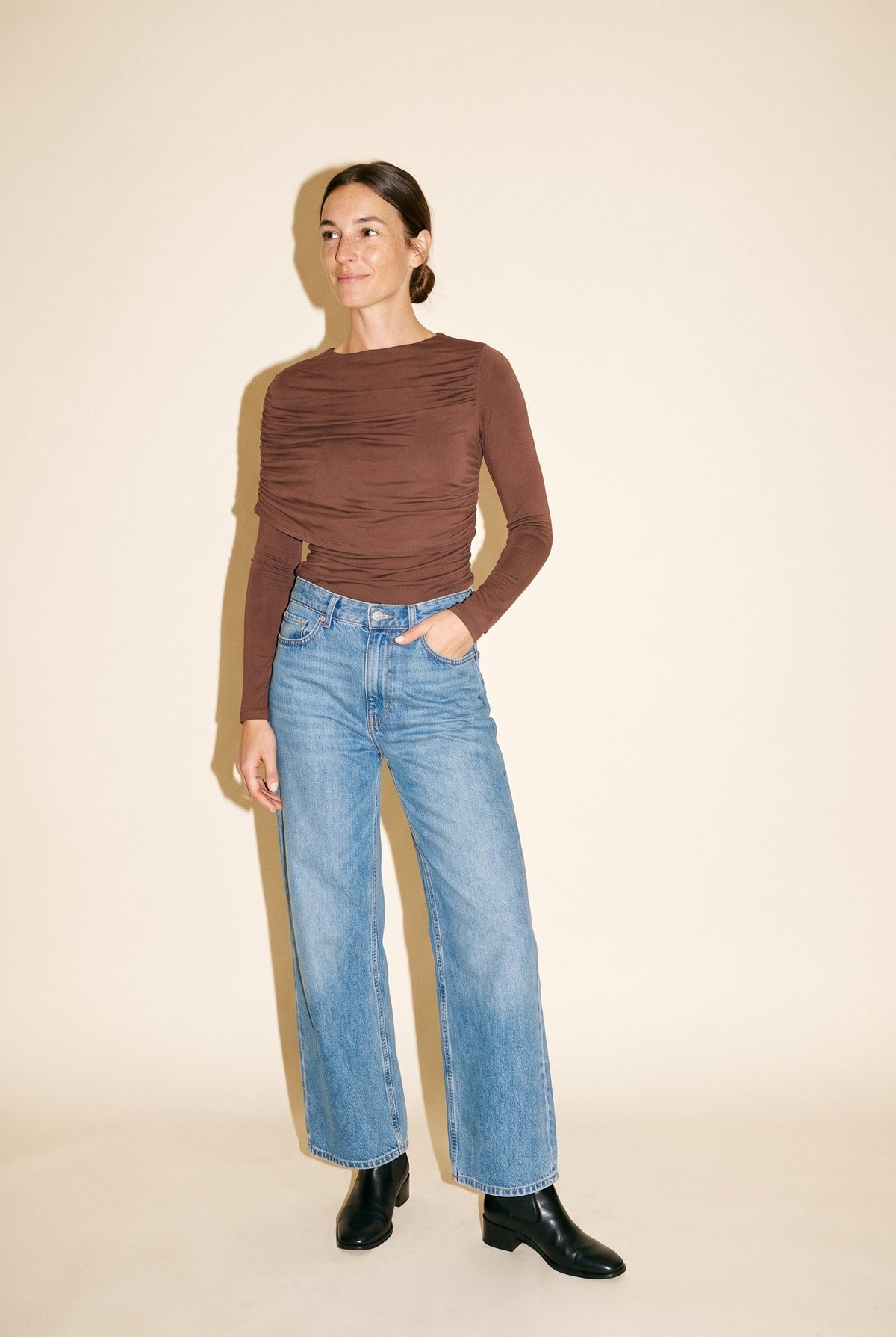 Brown asymmetric cape top — front