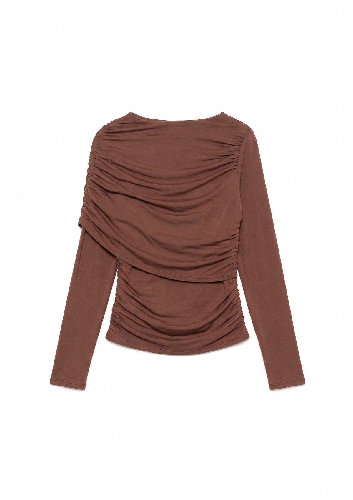Brown asymmetric cape top — flat lay on white