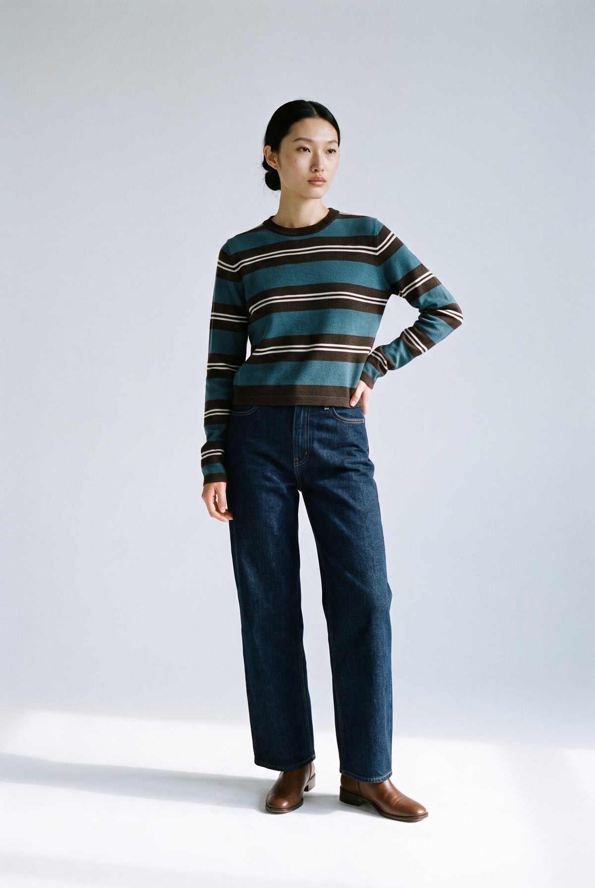 Addison Stripe Knit Top Brown Teal — 069010