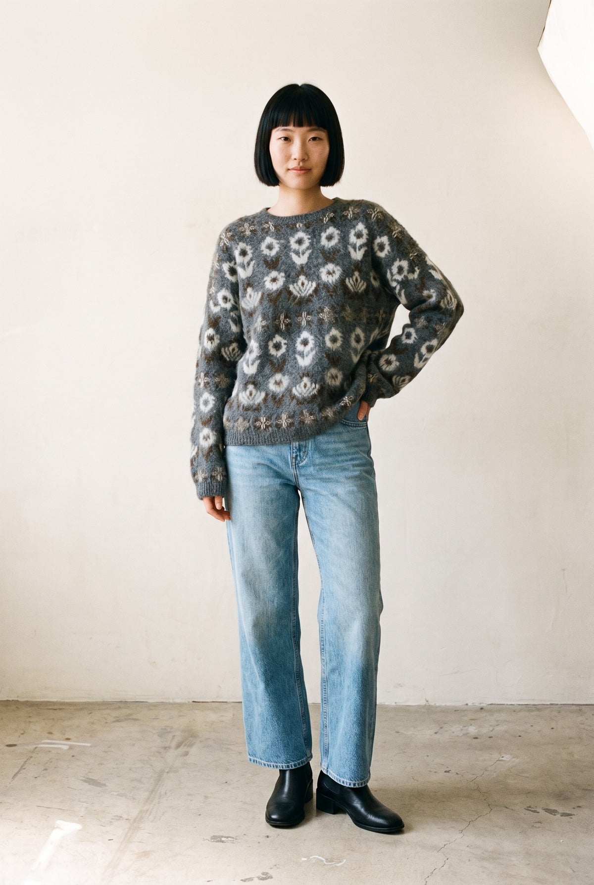 Fuzzy Nordic Diamond Pattern Knit Sweater in charcoal — front