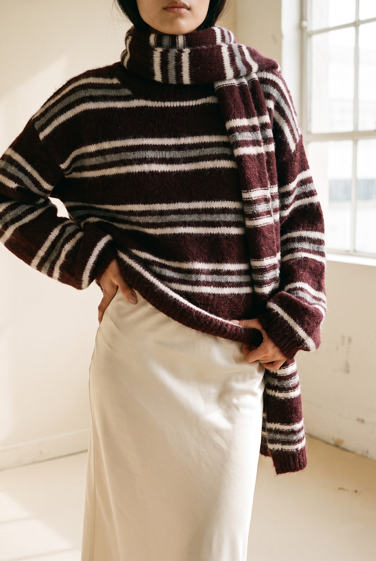 Crew Neck Stripe Pullover Sweater in burgundy — knit and scarf detail