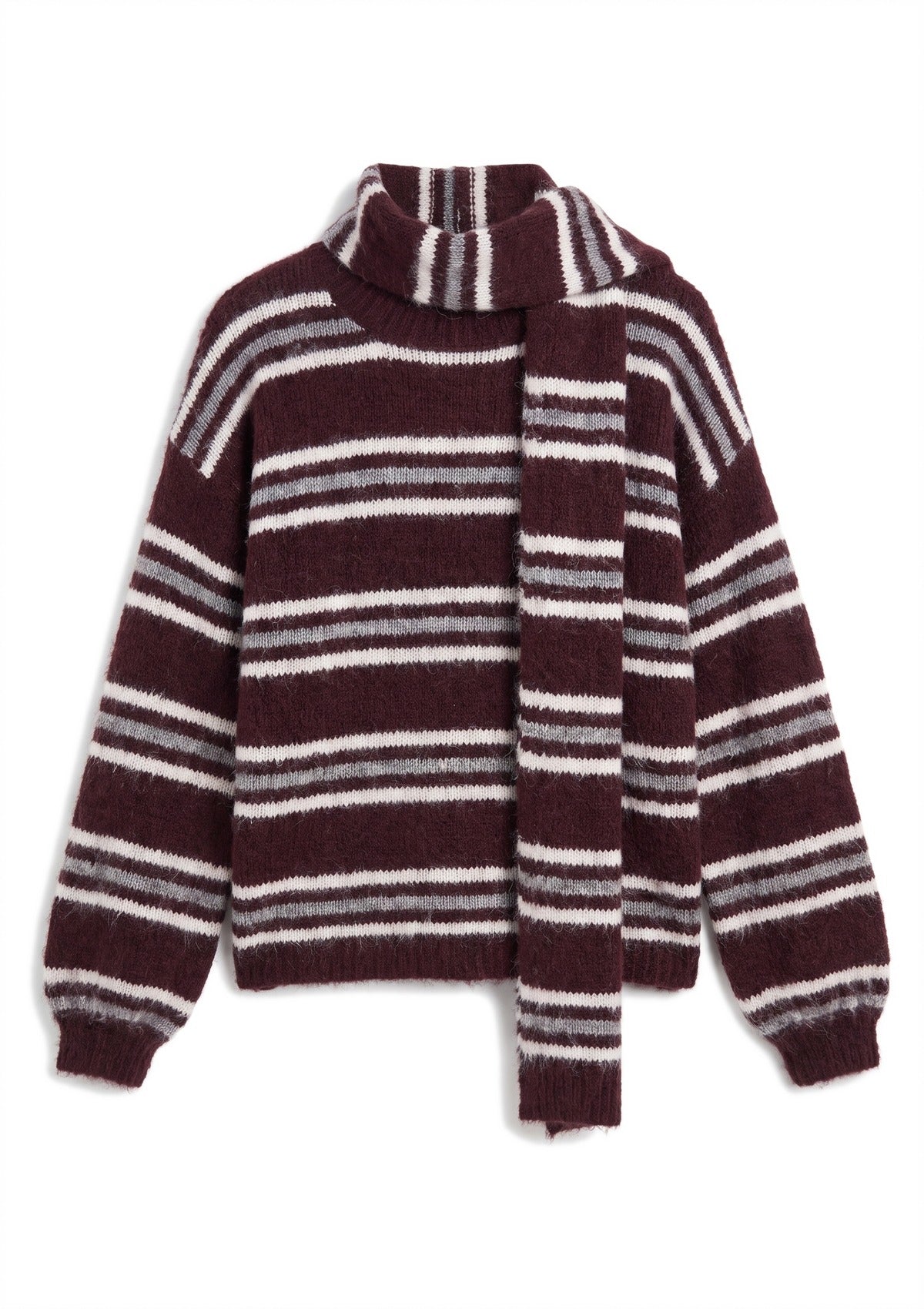 Crew Neck Stripe Pullover Sweater in burgundy — flat lay on white