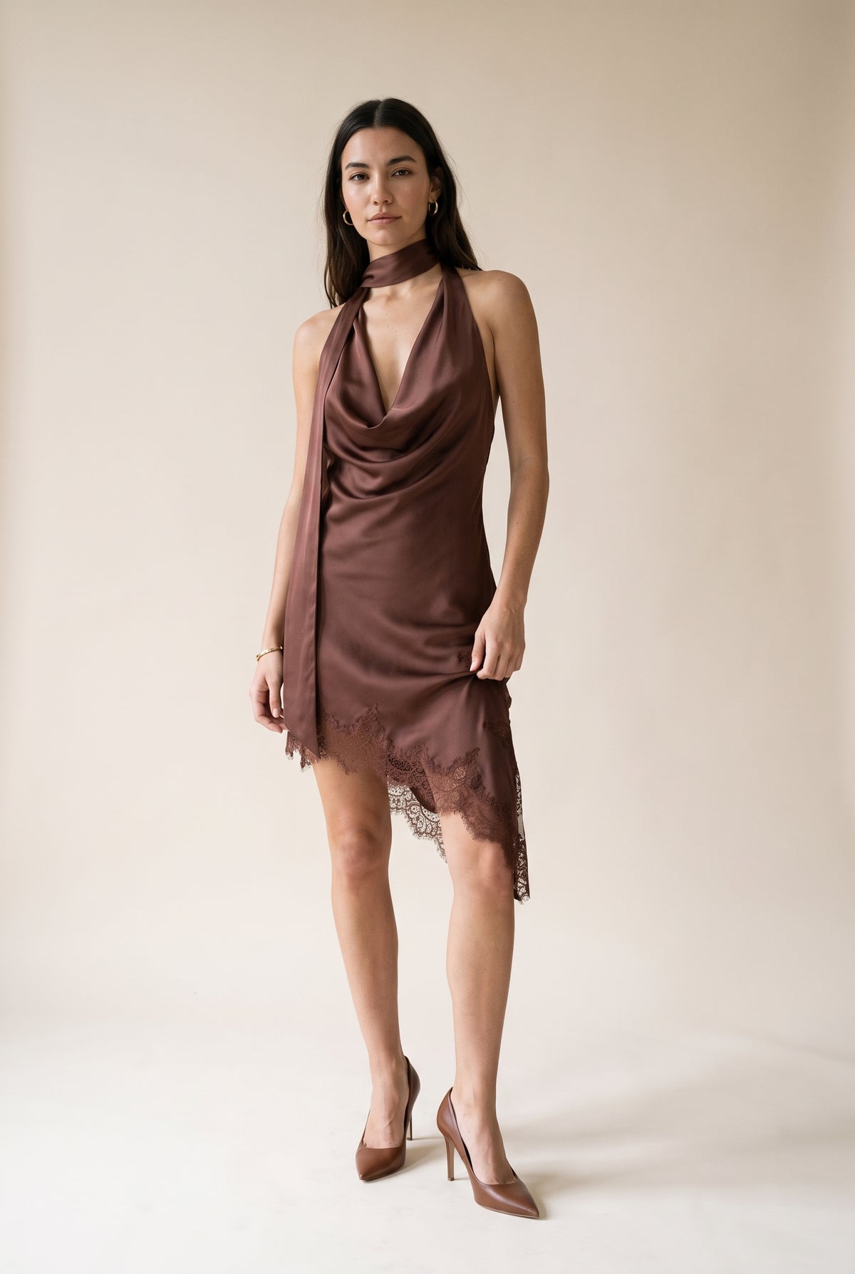 Satin Lace Trim Scarf Dress