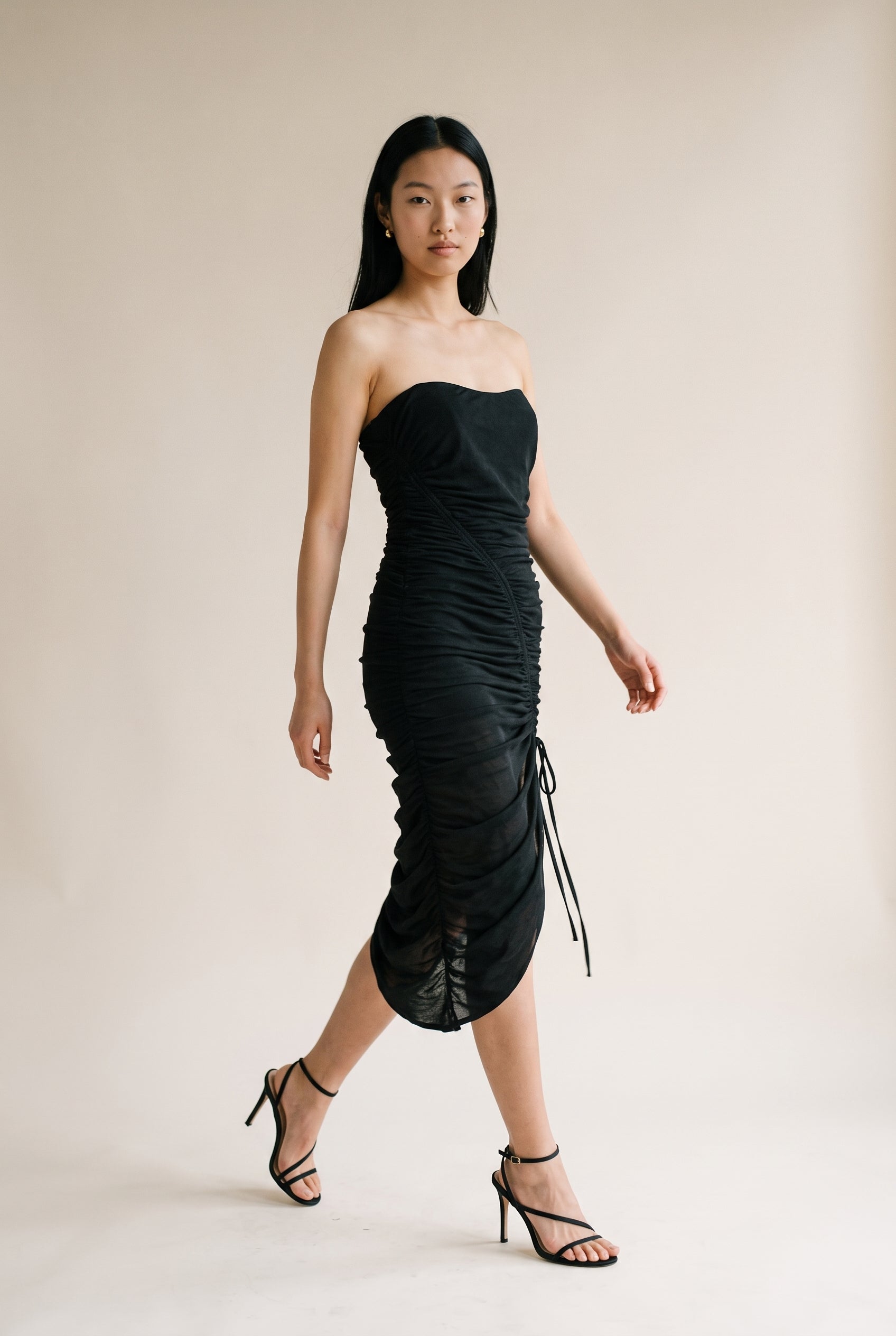 Asymmetrical Drawstring Ruched Midi Dress