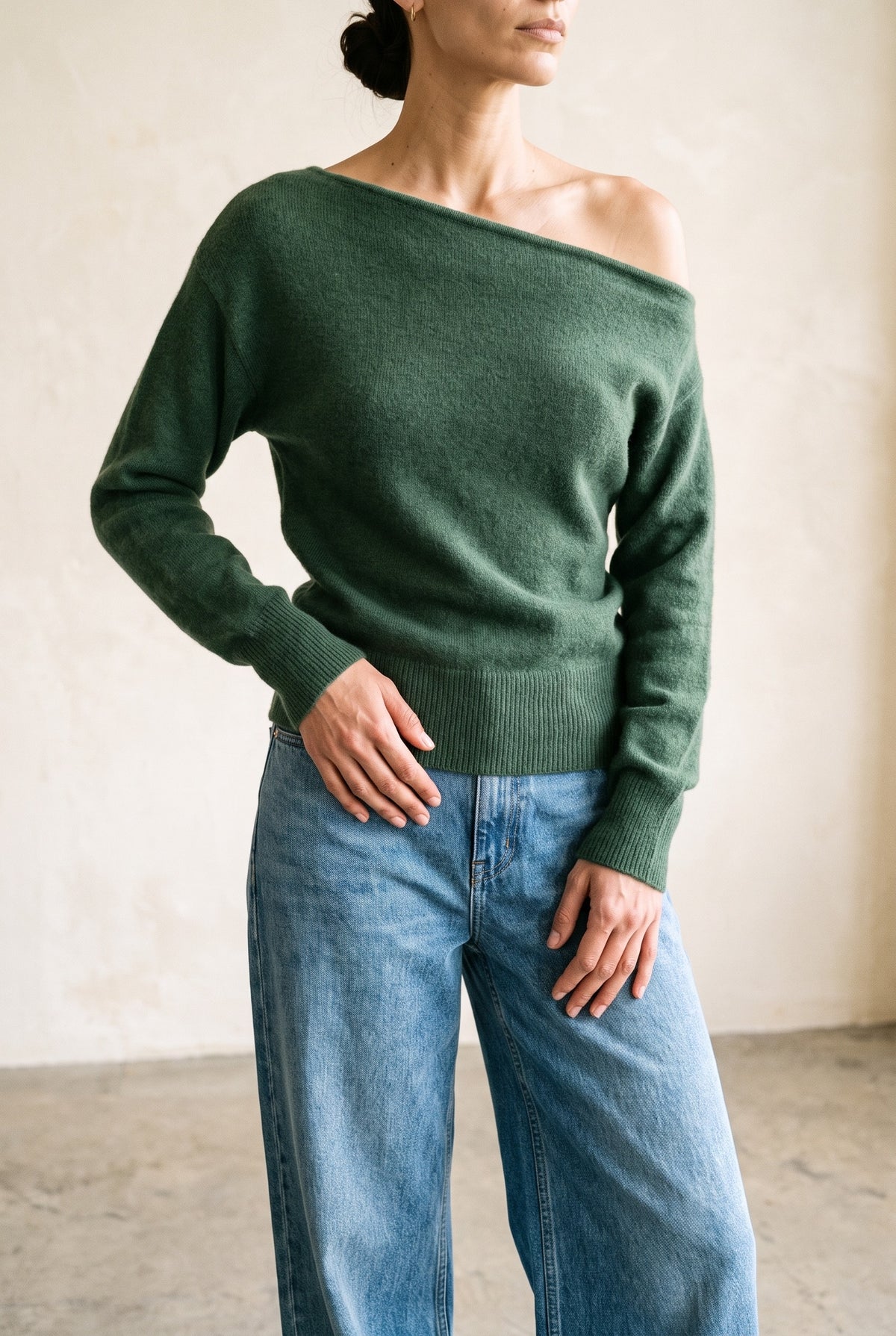Off The Shoulder Sweater Top in dark green — neckline detail