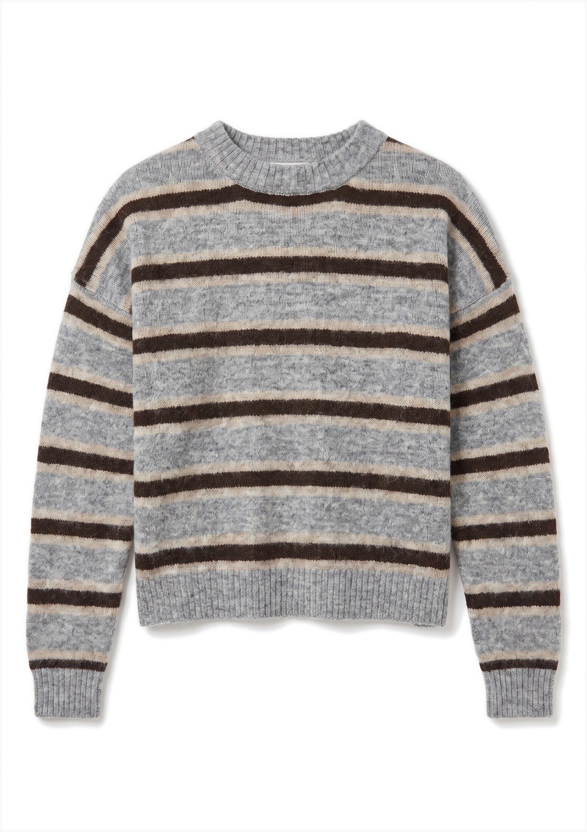 Sutton Striped Sweater in heather grey brown — flat lay on white