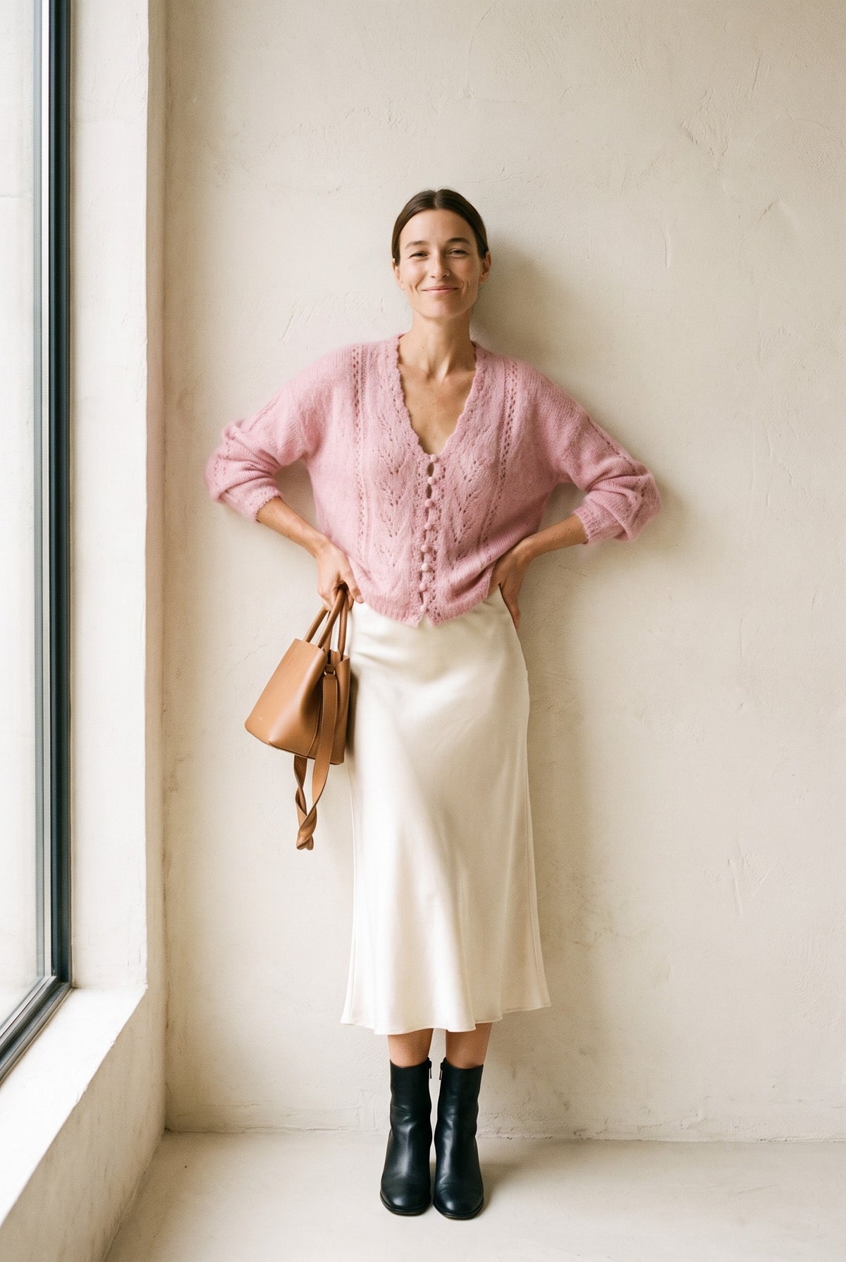 Mimi Cardigan in mauve — full length with satin slip skirt