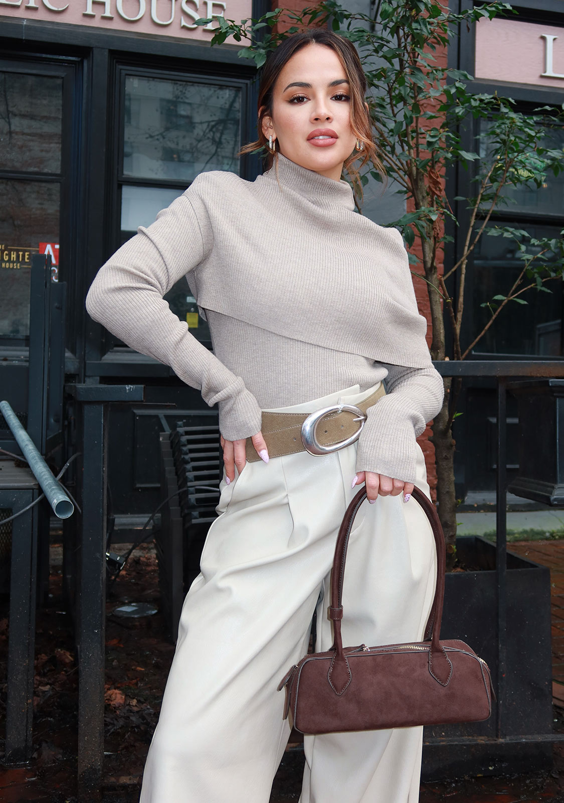 Layered Turtleneck Knit Pullover Beige