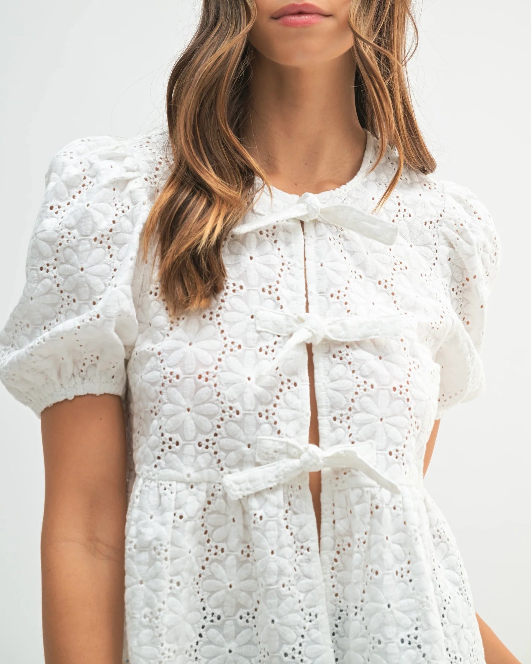 Eyelet Puff Sleeve Bottom Ruffle Front Tie Top Off White