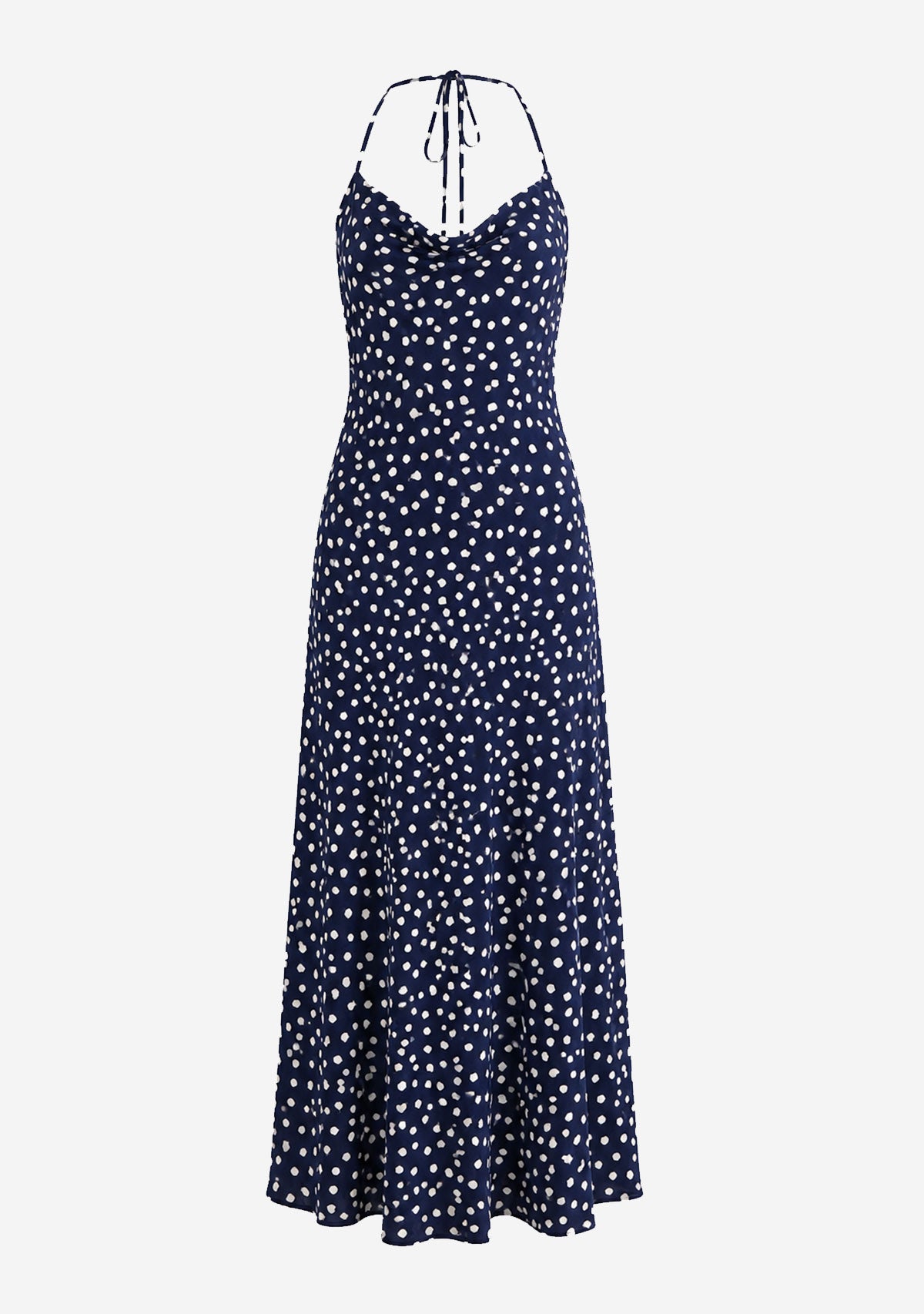 Polka Dot Maxi Dress With Halter Neck And Open Back Detail Navy/Ivory