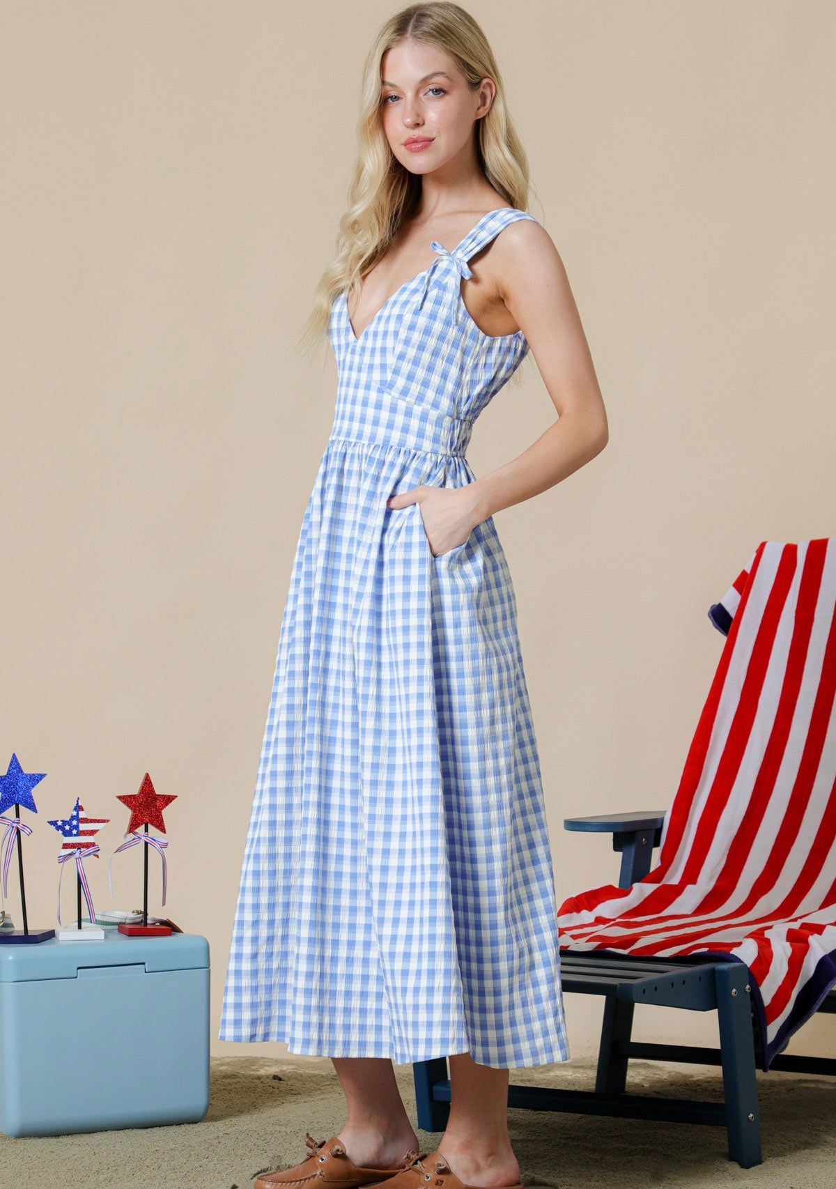 Textured Gingham Midi Dress With Front Ribbon Detail On Shoulder Blue