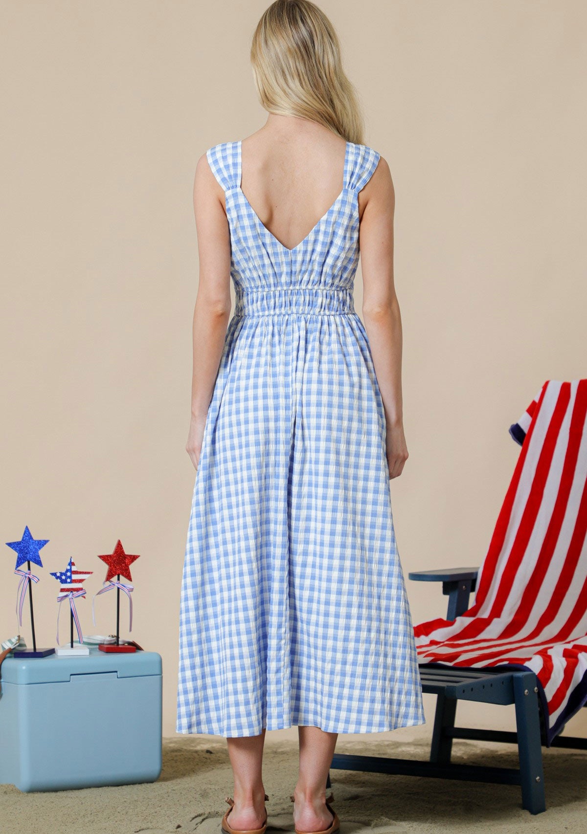 Textured Gingham Midi Dress With Front Ribbon Detail On Shoulder Blue