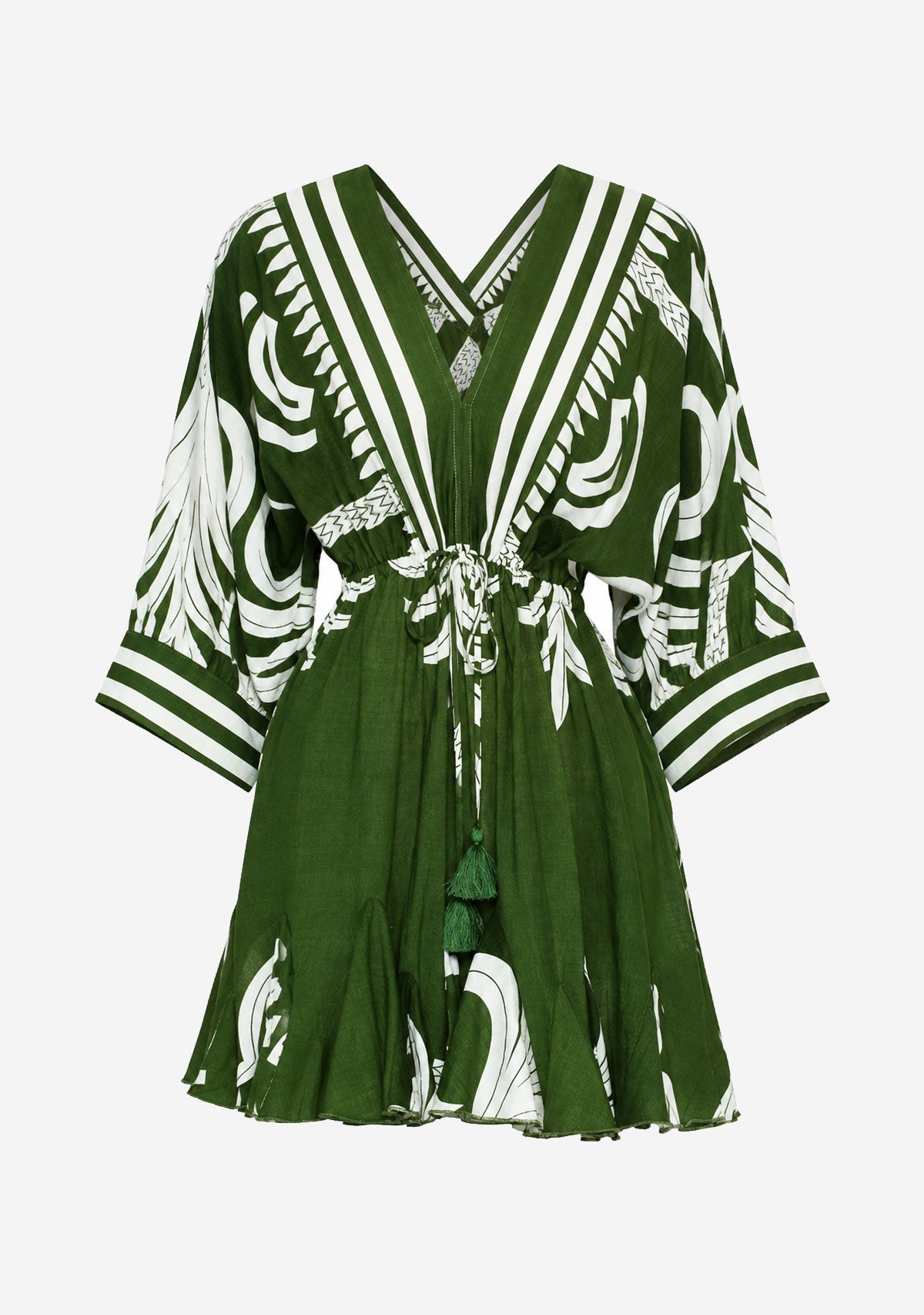 3/4 Dolman Sleeve Border Mini Dress Green/White