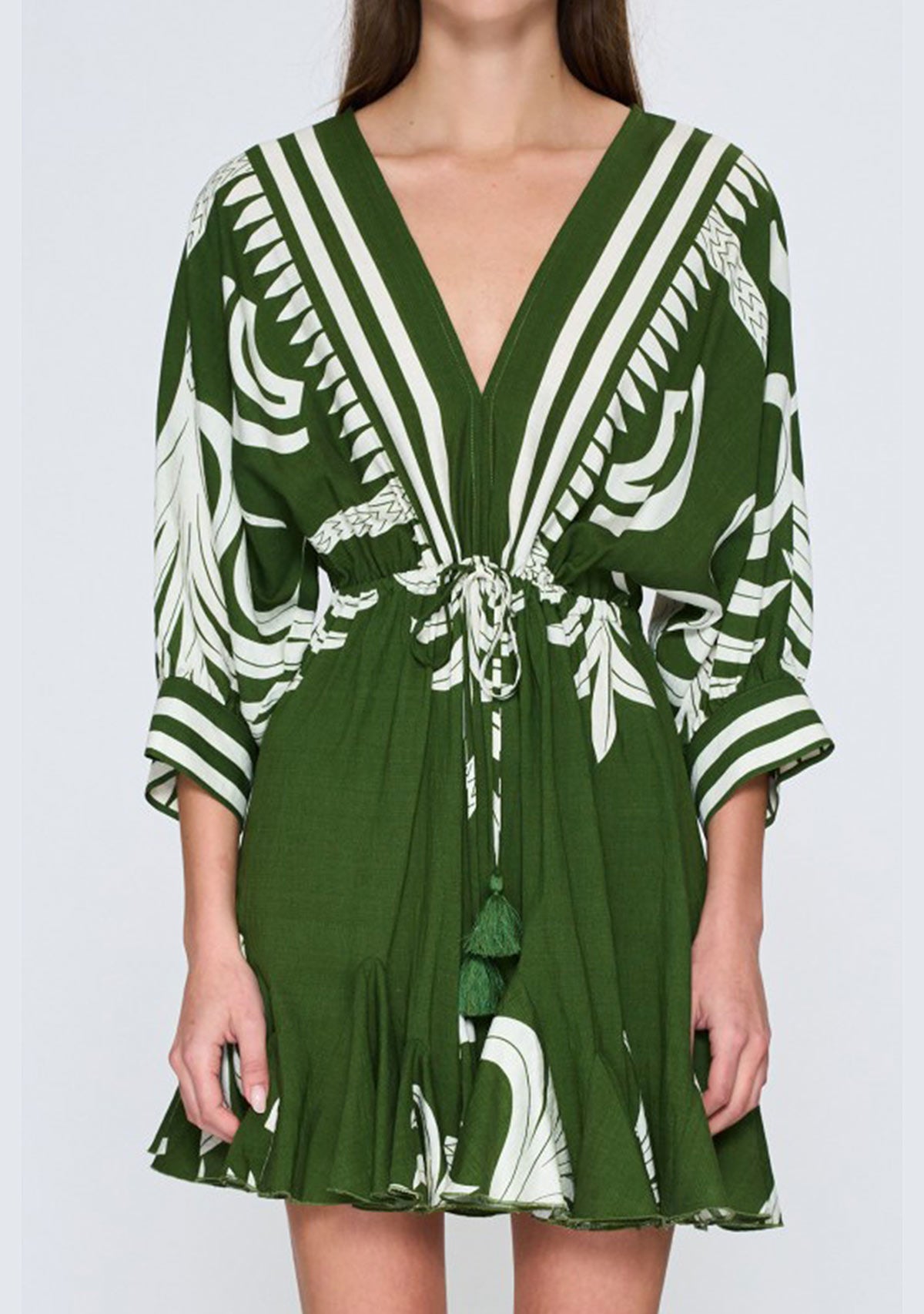 3/4 Dolman Sleeve Border Mini Dress Green/White