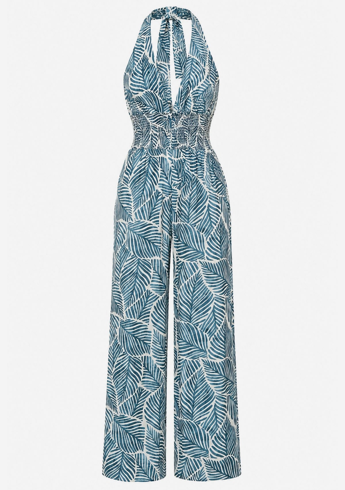 Halter Tie Back Neck Strap Backless Jumpsuit White/Blue