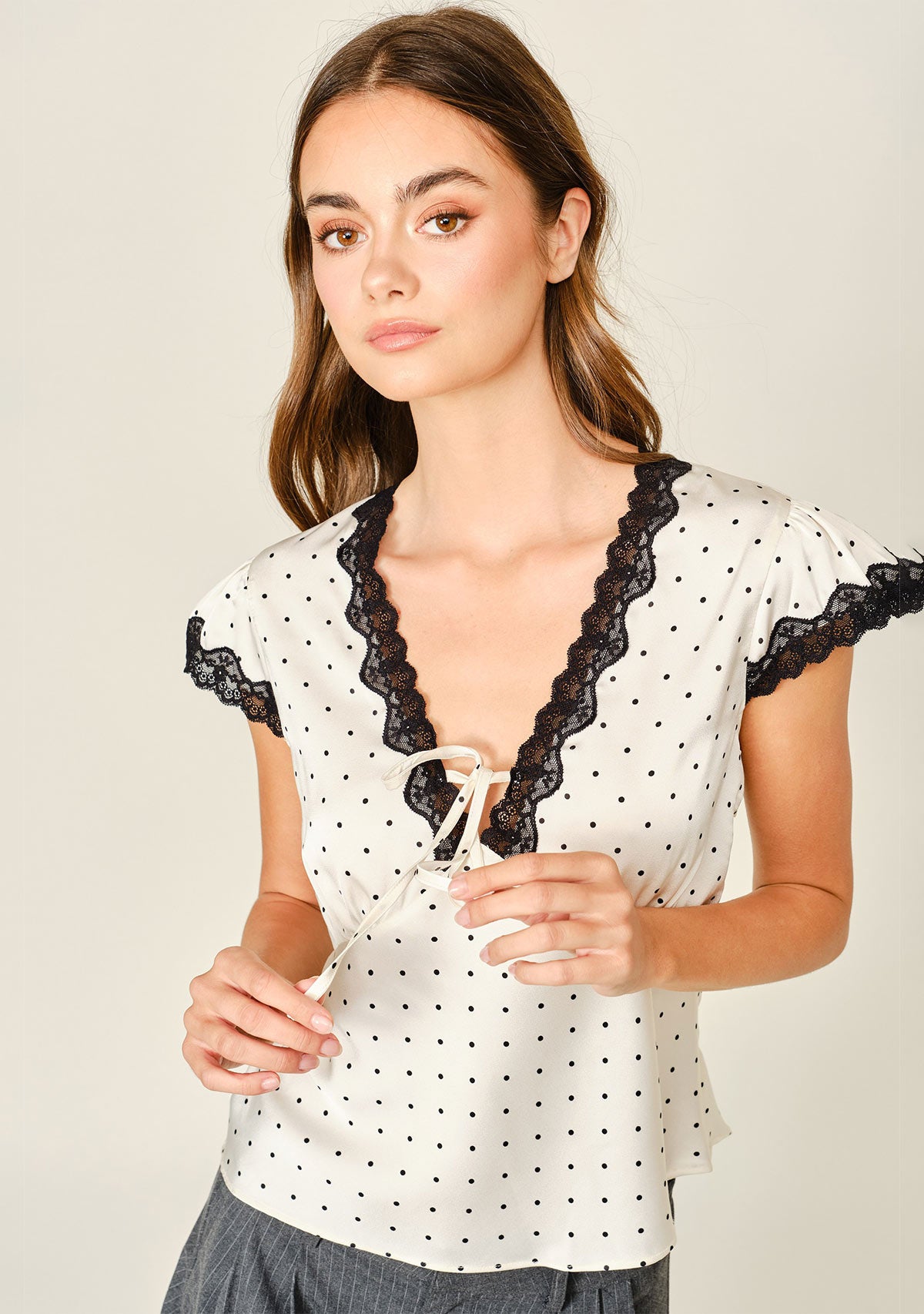 Polka Dot Satin Lace V Neck Top Cream