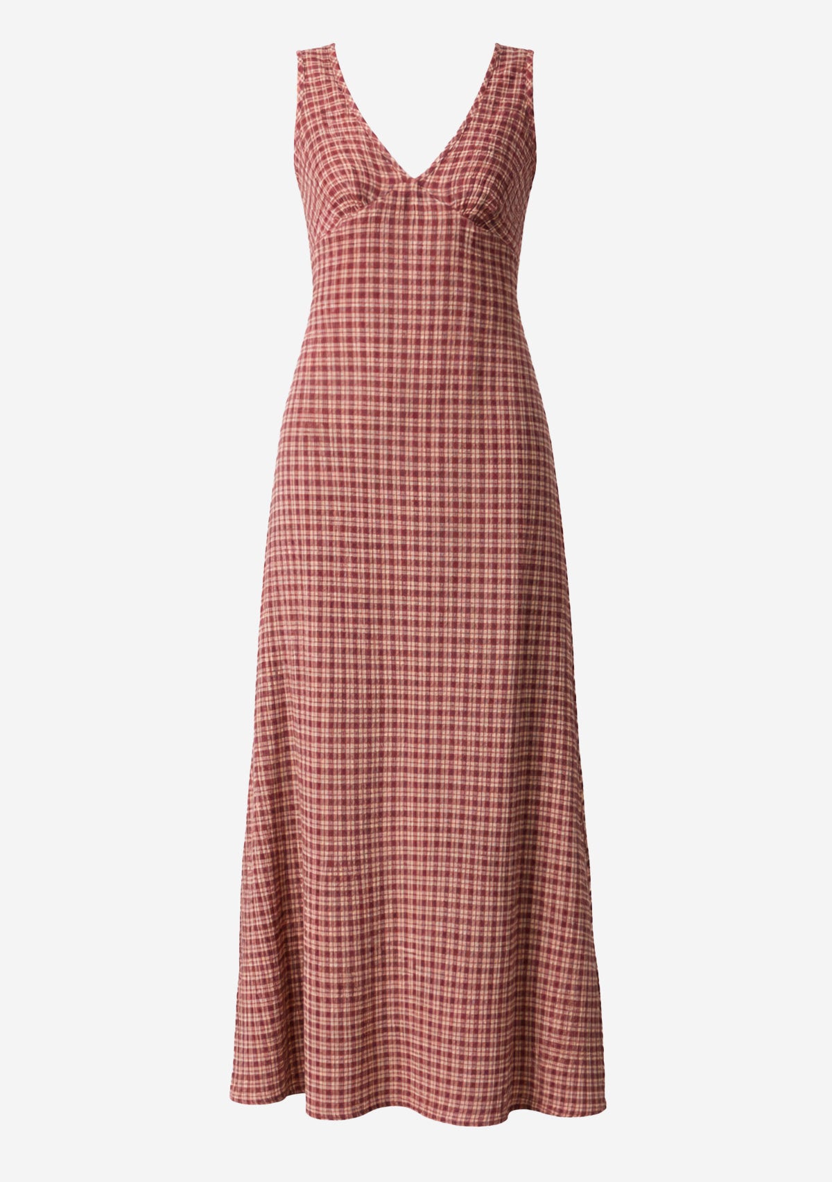 Capricorn Tully - Hemp Seersucker Maxi Dress Burgundy / Beige Check