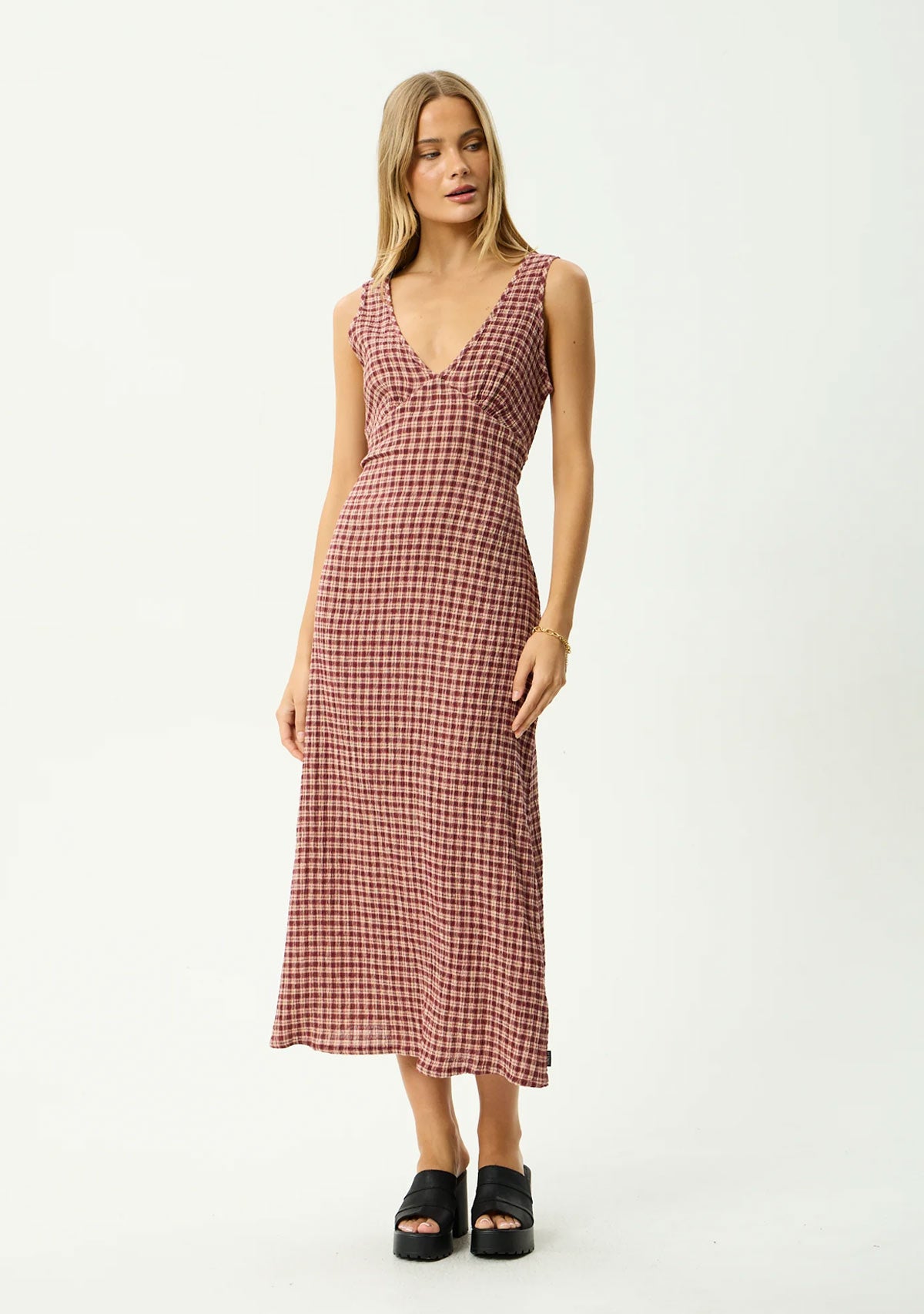 Capricorn Tully - Hemp Seersucker Maxi Dress Burgundy / Beige Check