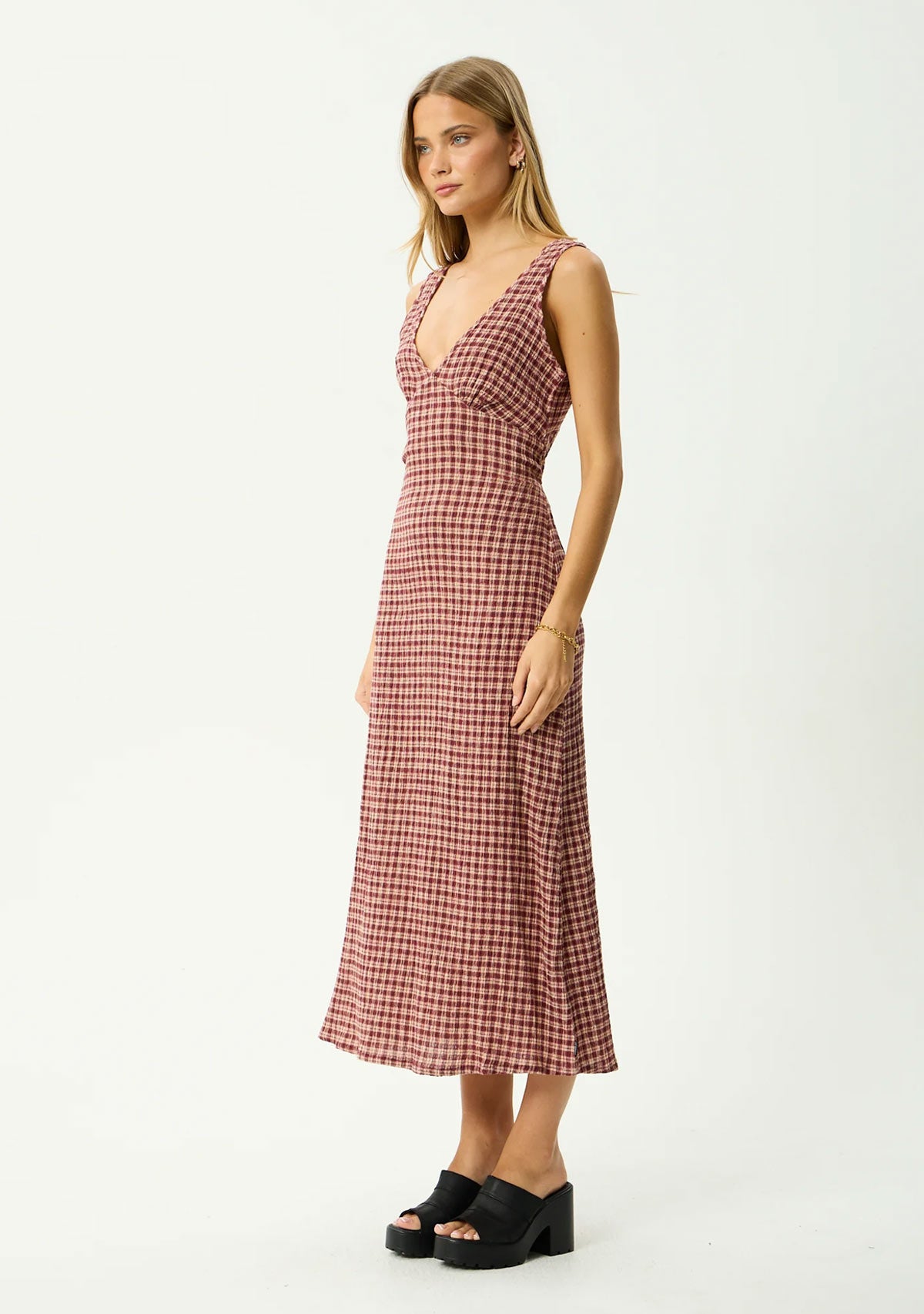 Capricorn Tully - Hemp Seersucker Maxi Dress Burgundy / Beige Check