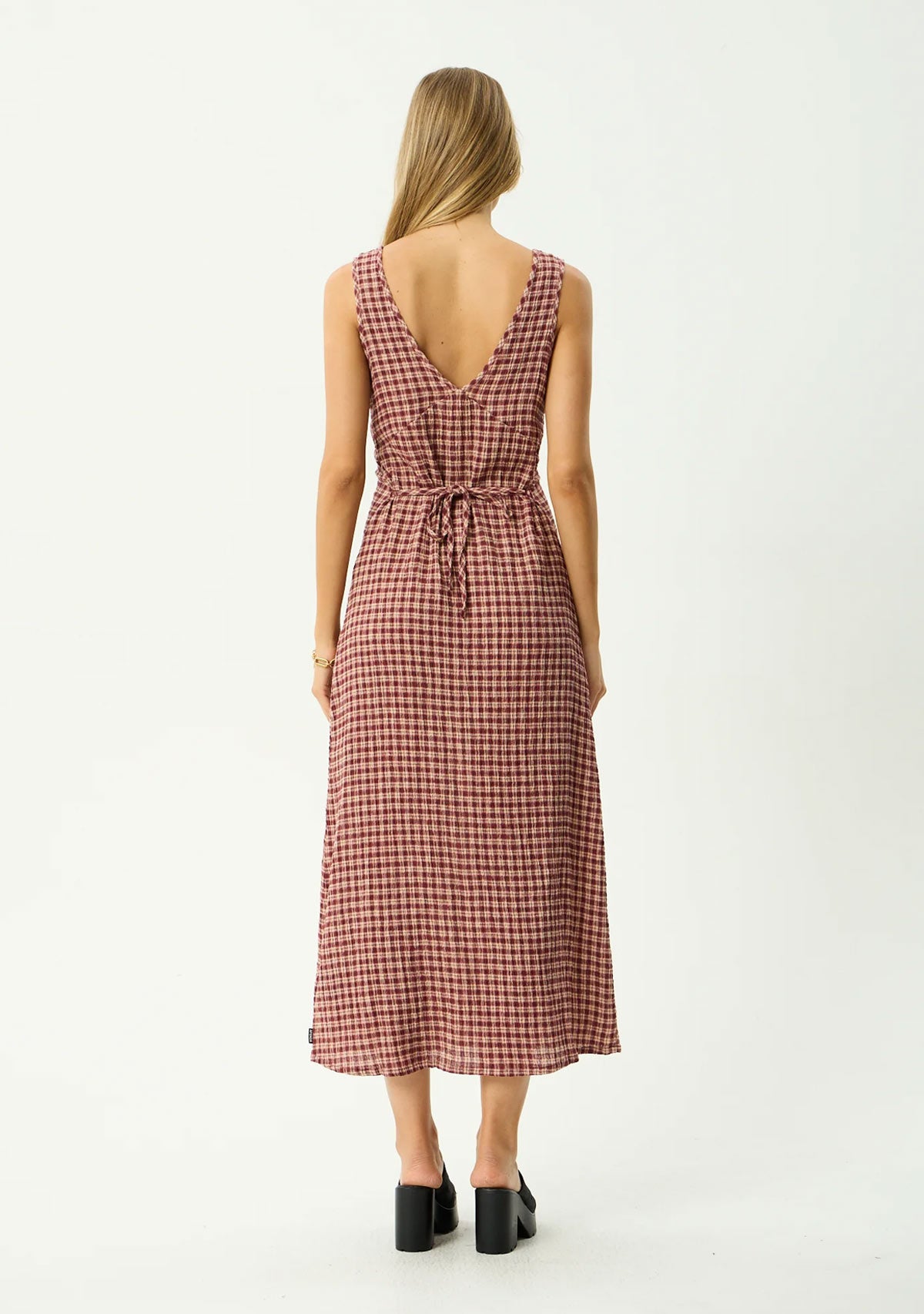 Capricorn Tully - Hemp Seersucker Maxi Dress Burgundy / Beige Check