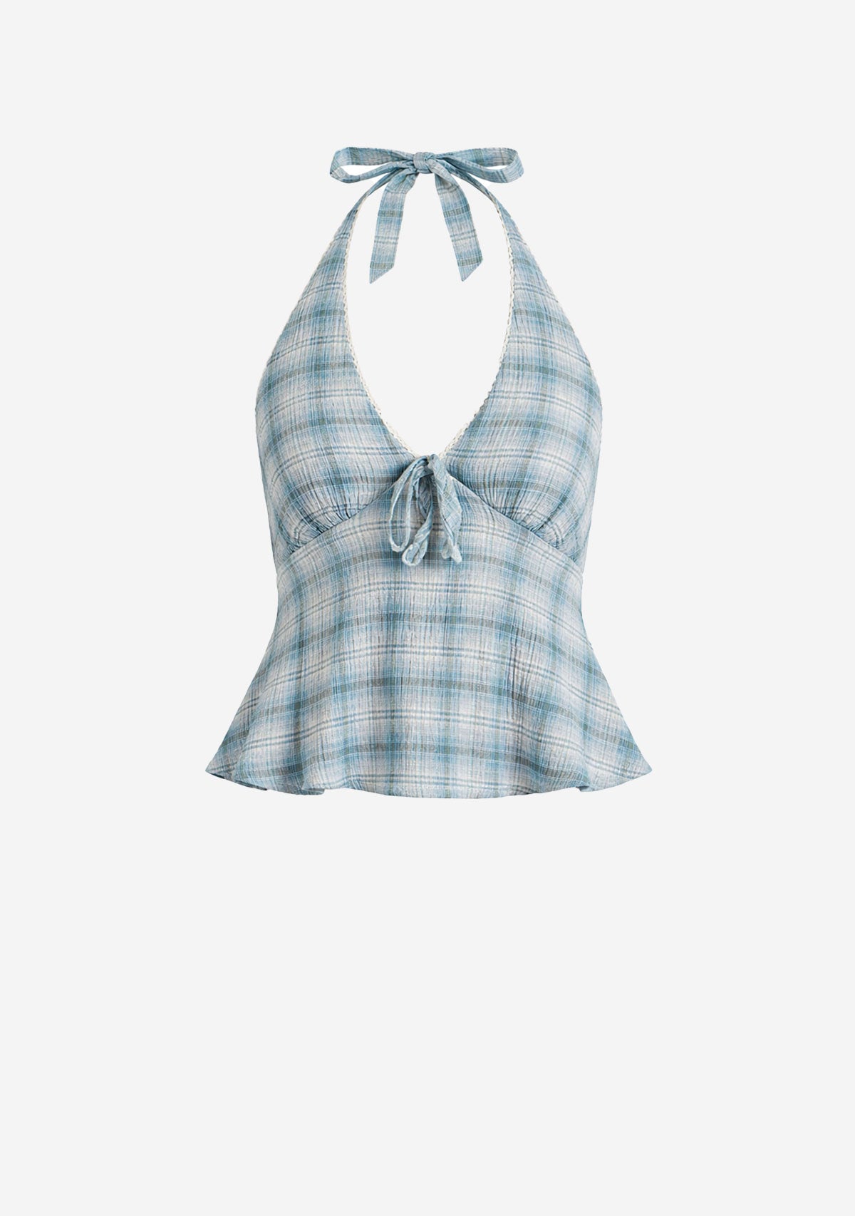 Lagoon - Hemp Seersucker Halter Top Overcast Check