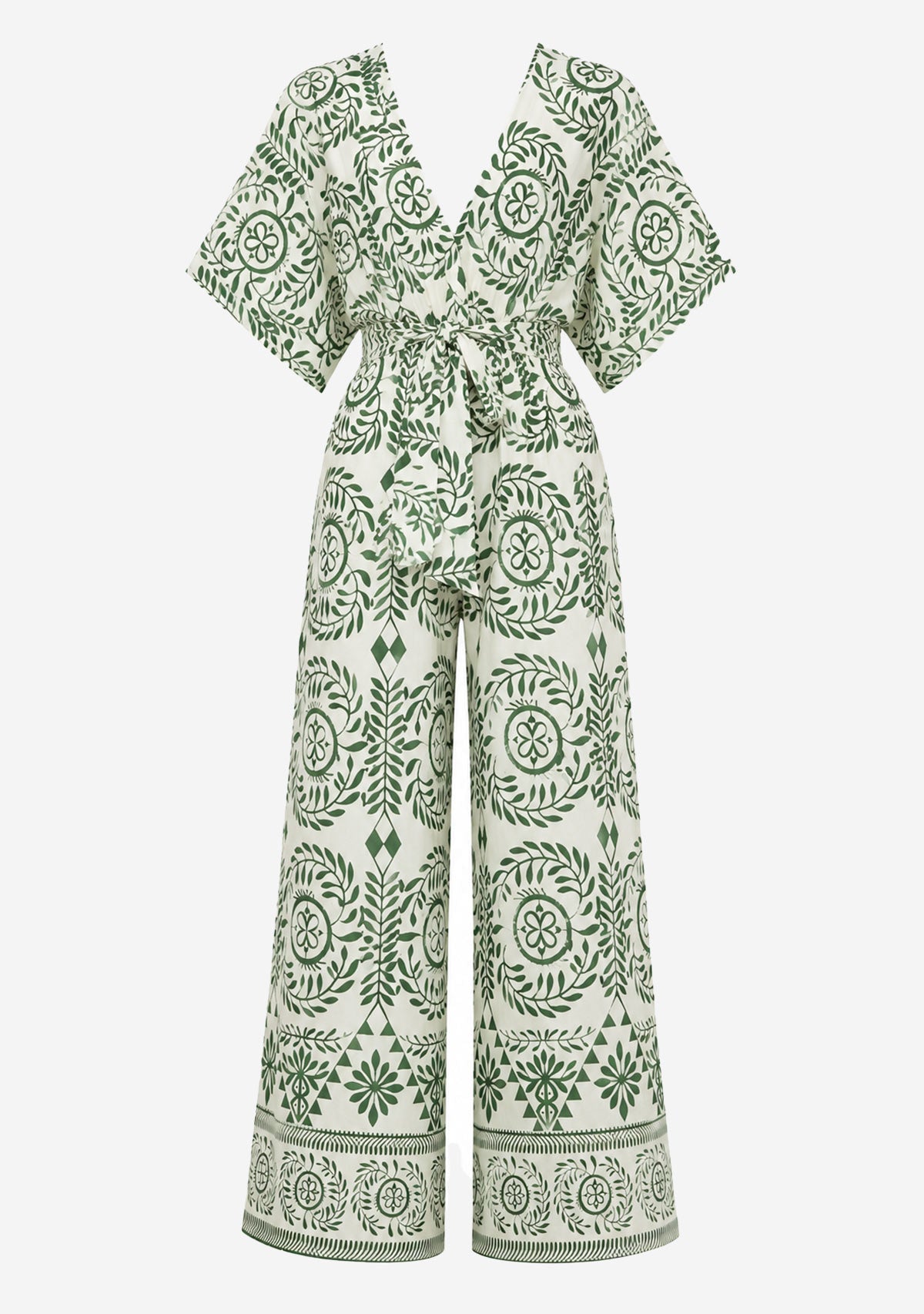 Kimono Sleeve Elastic Back Waisted Border Printed Jumpsuit Ivory/Green