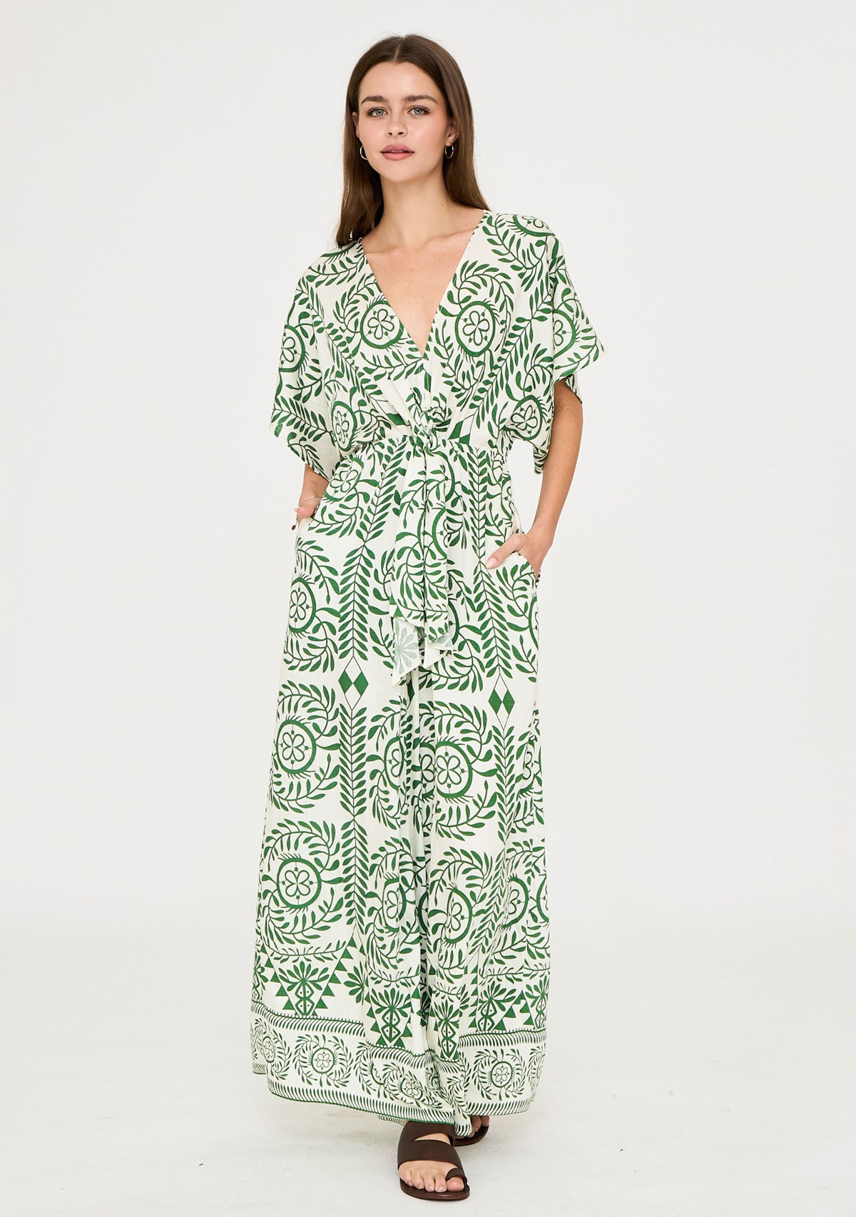 Kimono Sleeve Elastic Back Waisted Border Printed Jumpsuit Ivory/Green