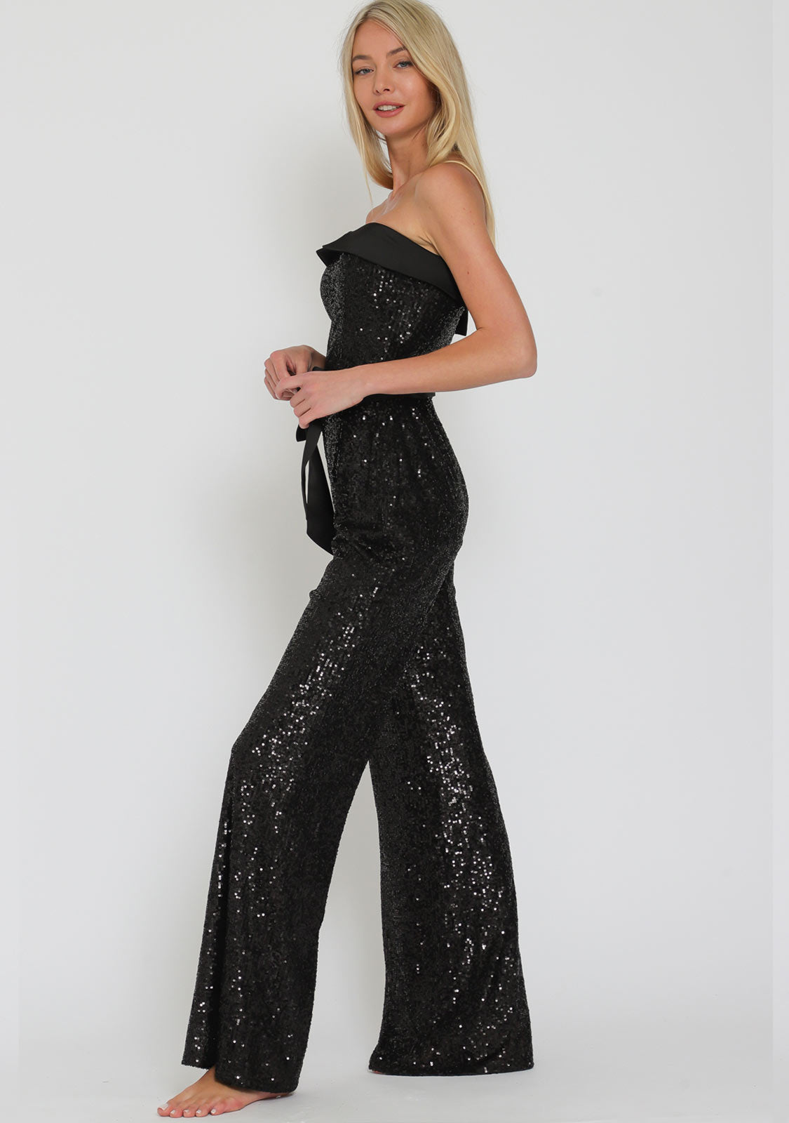 Tube Belted Sequin Jumpsuit Black