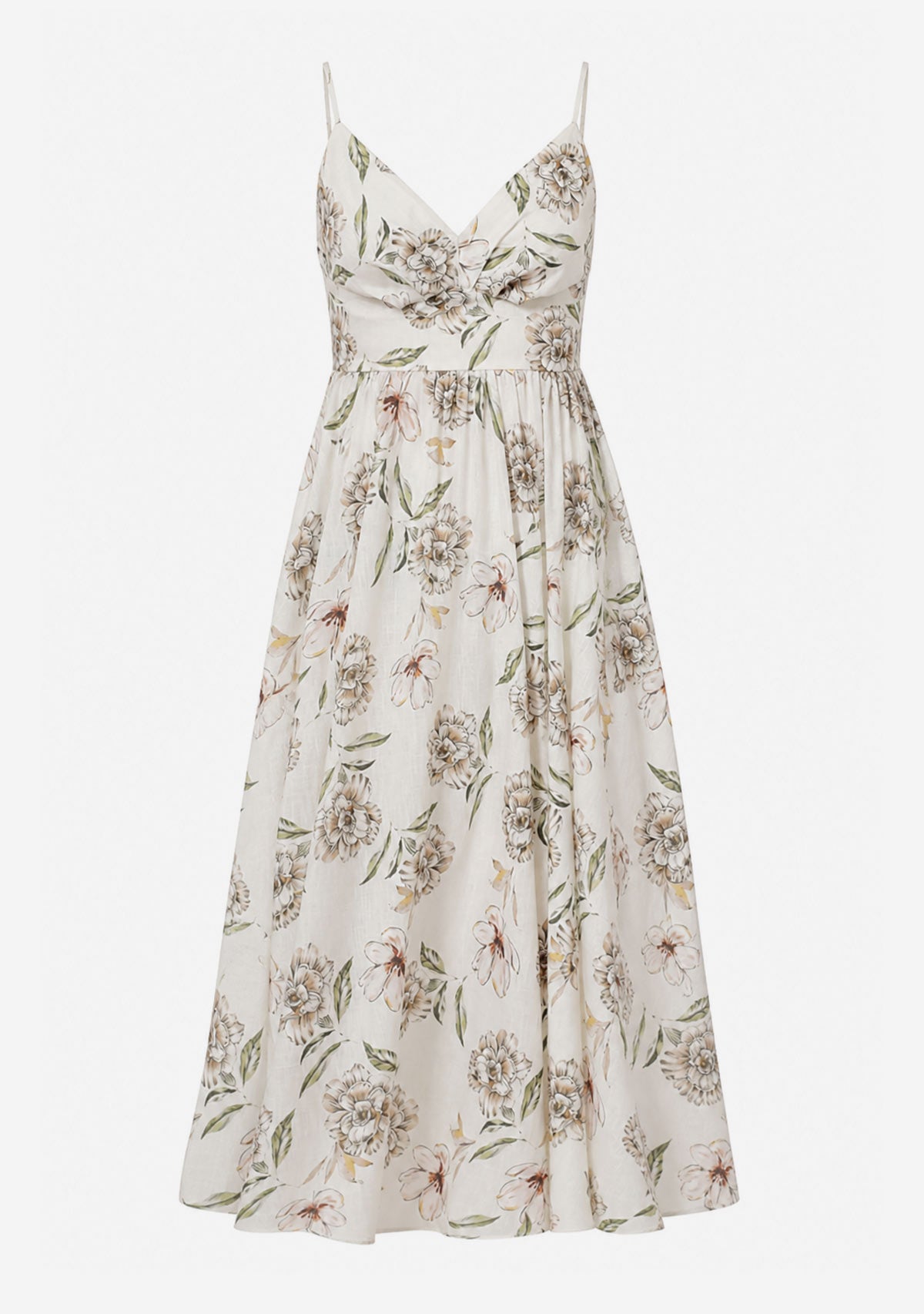 Thin Adjustable Strap Elastic Back Waisted Midi Dress Ivory/Green