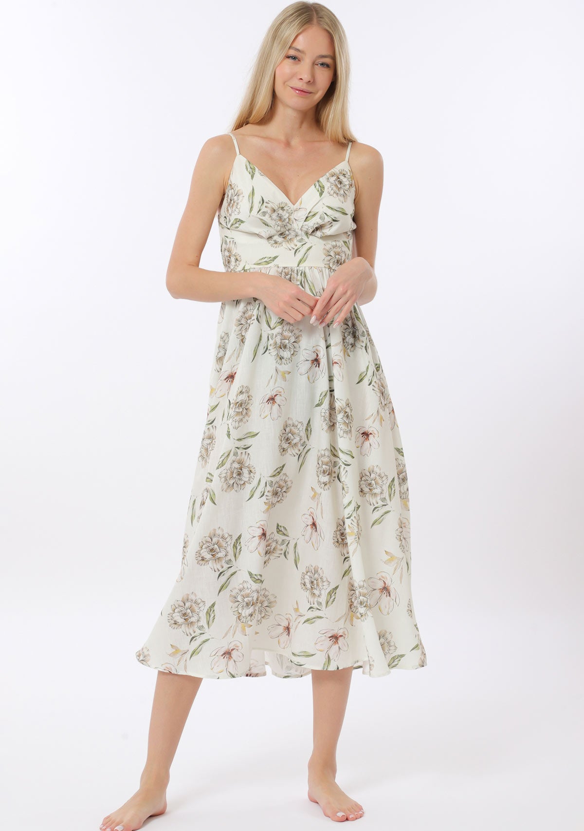 Thin Adjustable Strap Elastic Back Waisted Midi Dress Ivory/Green