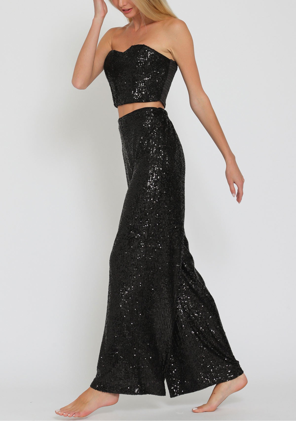 Elastic Back Waisted Sequin Long Pants Black