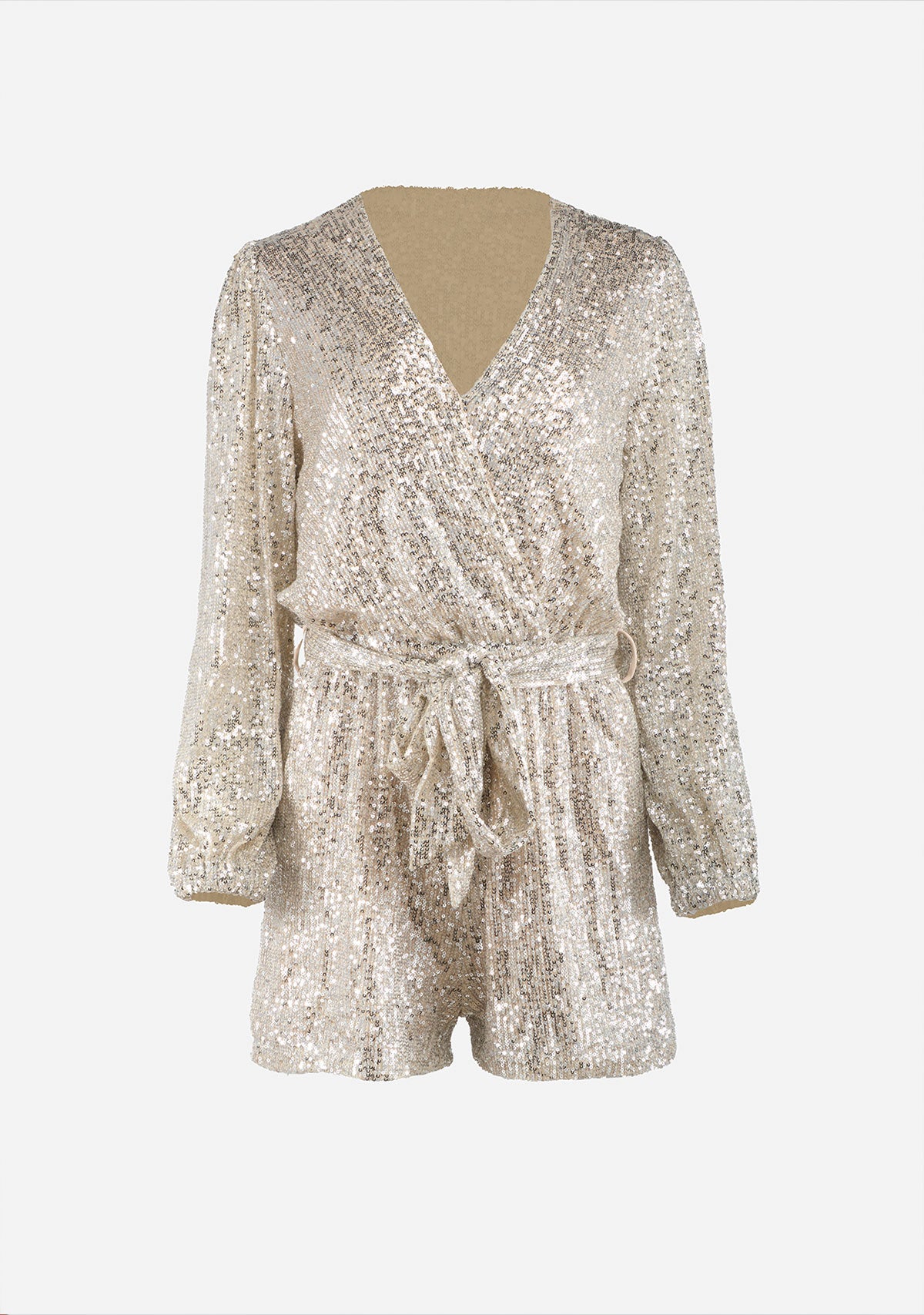 Long Sleeve Sequin Romper Silver/Nude