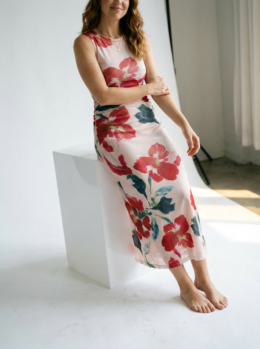 Arabella Mesh Midi Dress Red Floral