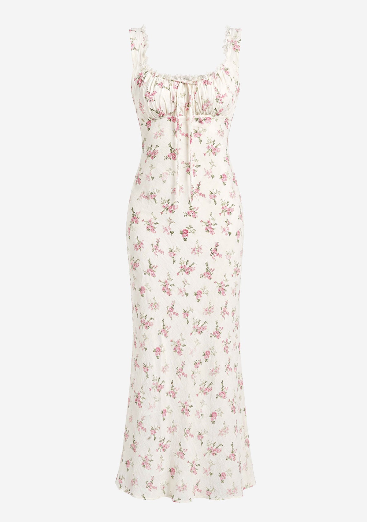 Robe longue Willow à fleurs, dos nu, détails en dentelle et liens à nouer, blanc cassé