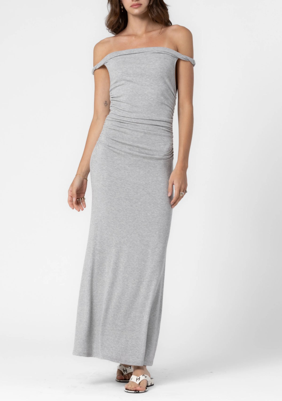 Knit Ribbed Twist Off The Shoulder Long Dress