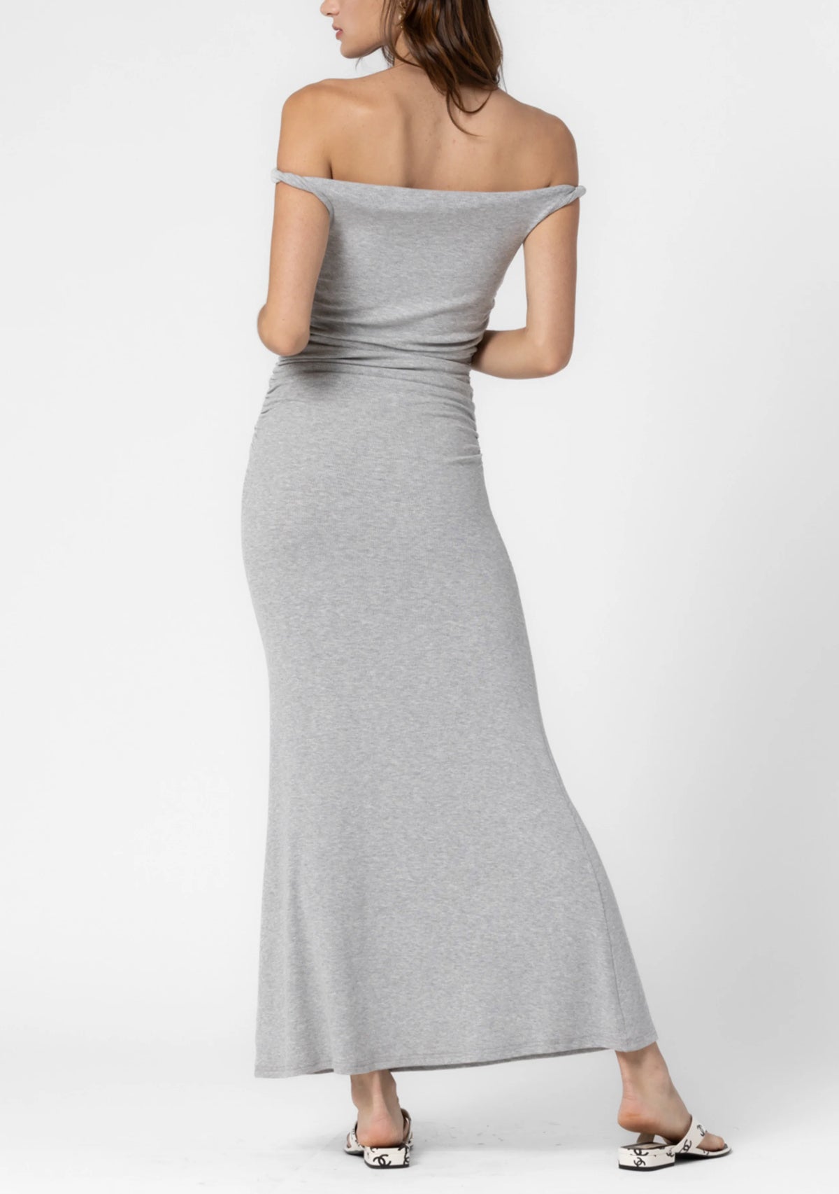 Knit Ribbed Twist Off The Shoulder Long Dress