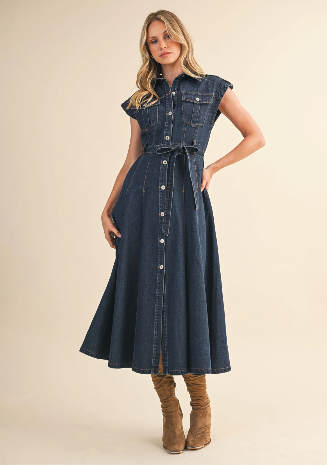 Belted Denim Shortsleeves Midi Dress