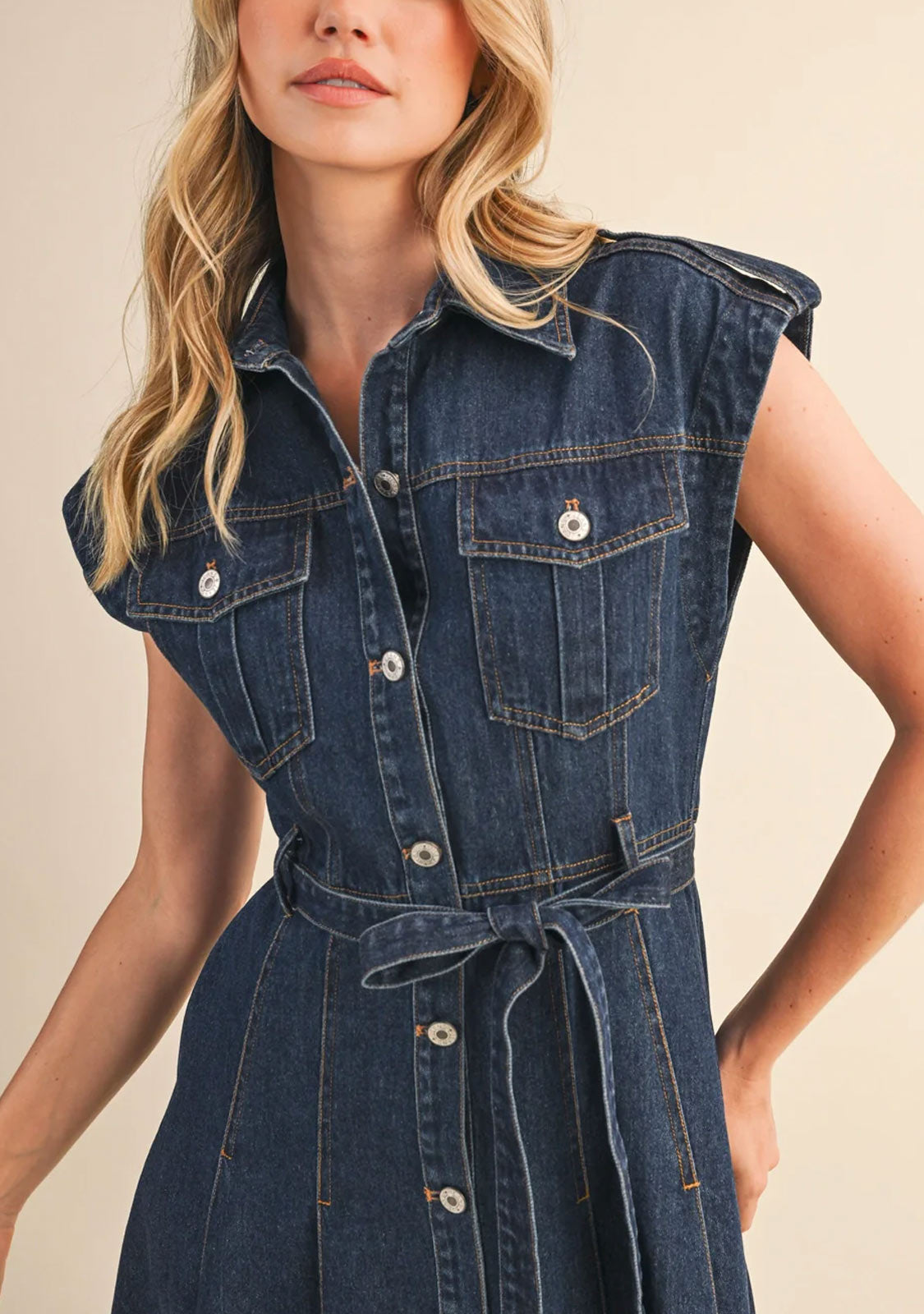 Belted Denim Shortsleeves Midi Dress