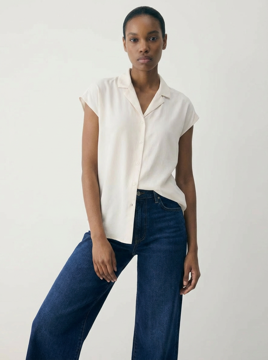 Button Down Cap Sleeve Shirt Off White