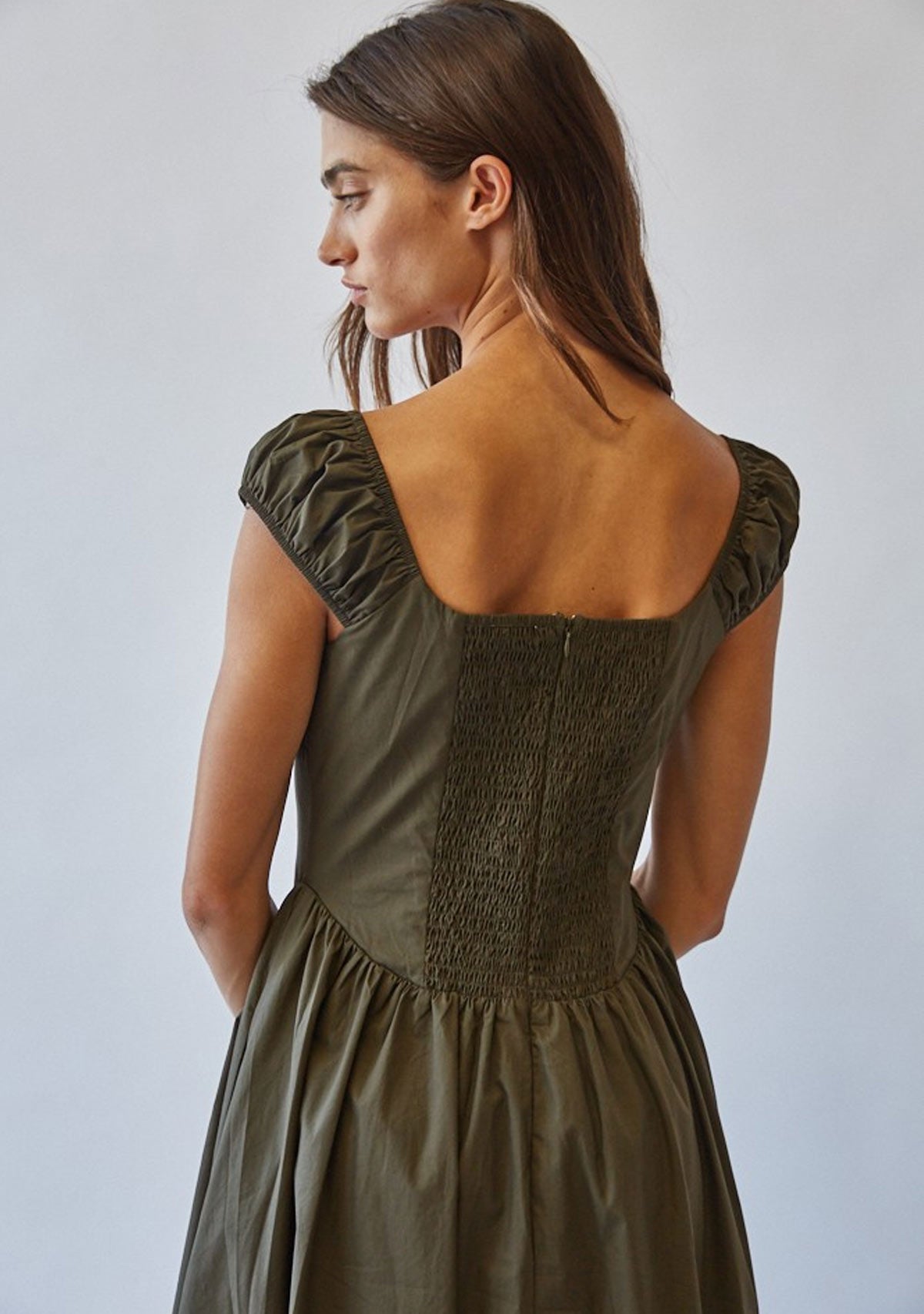 Josie Poplin Tie Front Bow Midi Dress Olive